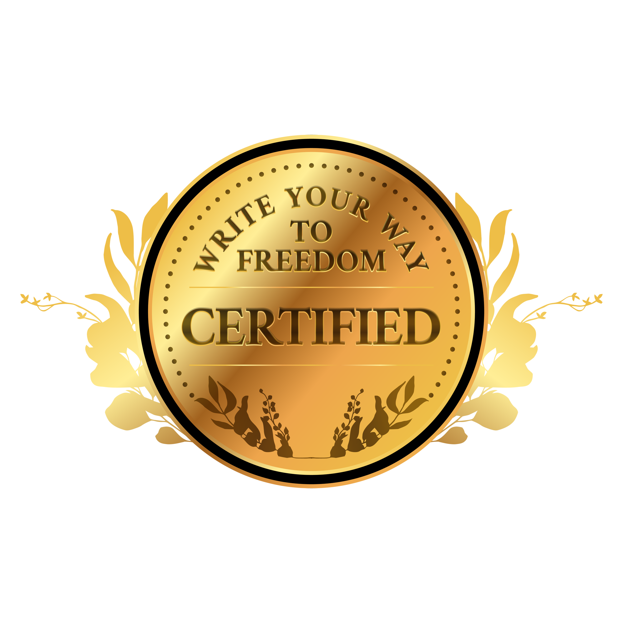 Gold foil Write Your Way to Freedom certified certification seal for copywriting course achievement