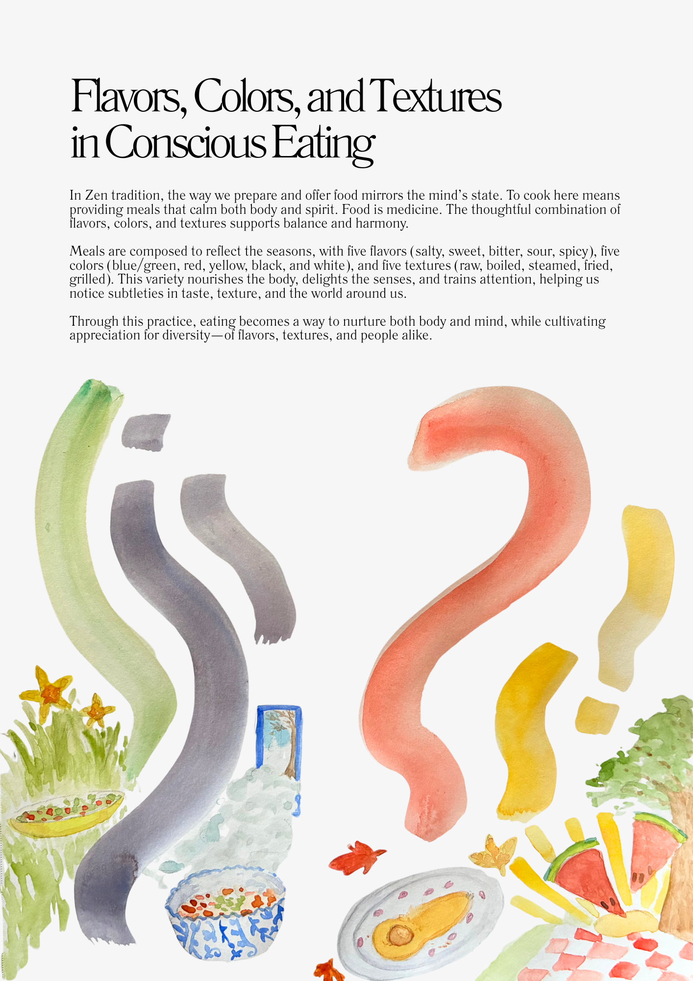 An illustration accompanying a text about flavors, colors, and textures in conscious eating. The illustration features watercolors of various food items and question marks in different colors, with a bowl of salad, a fried egg, watermelon slices, and