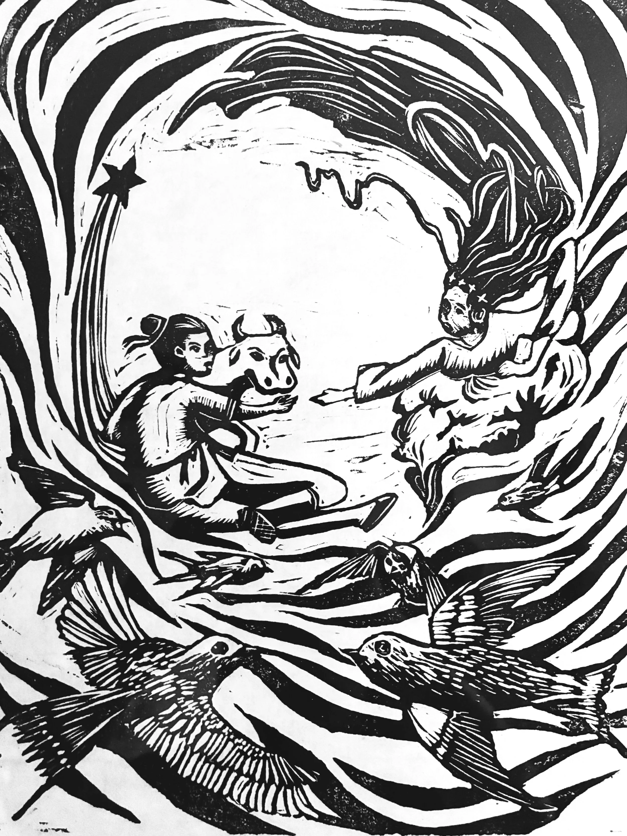 Black and white drawing of a person with a buffalo head and long hair, sitting on a rock and reaching out to a woman with long hair and a dress, surrounded by swirling lines, stars, and fish in a stylized, surreal style.