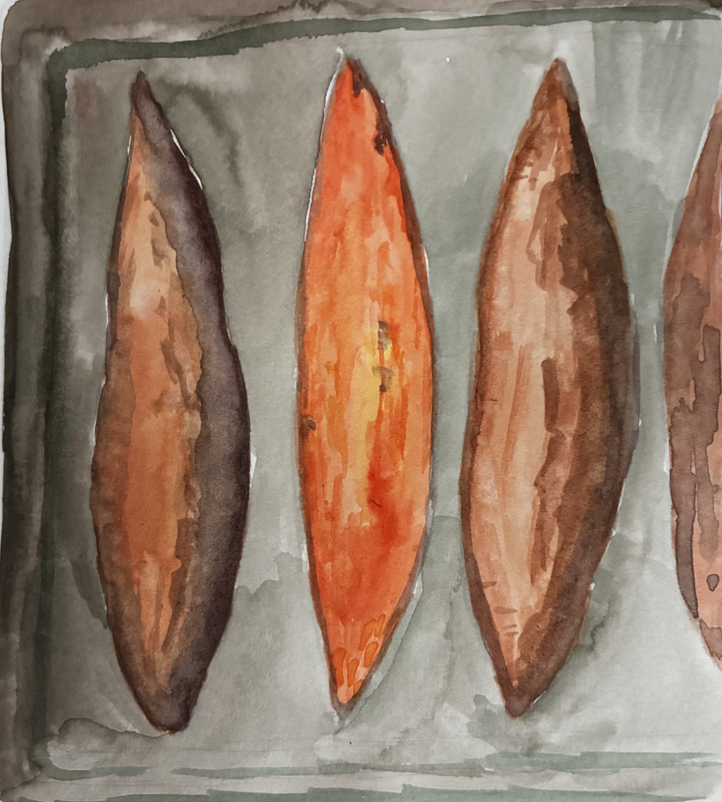 Watercolor painting of four elongated, brown and orange sweet potatoes on a gray background.