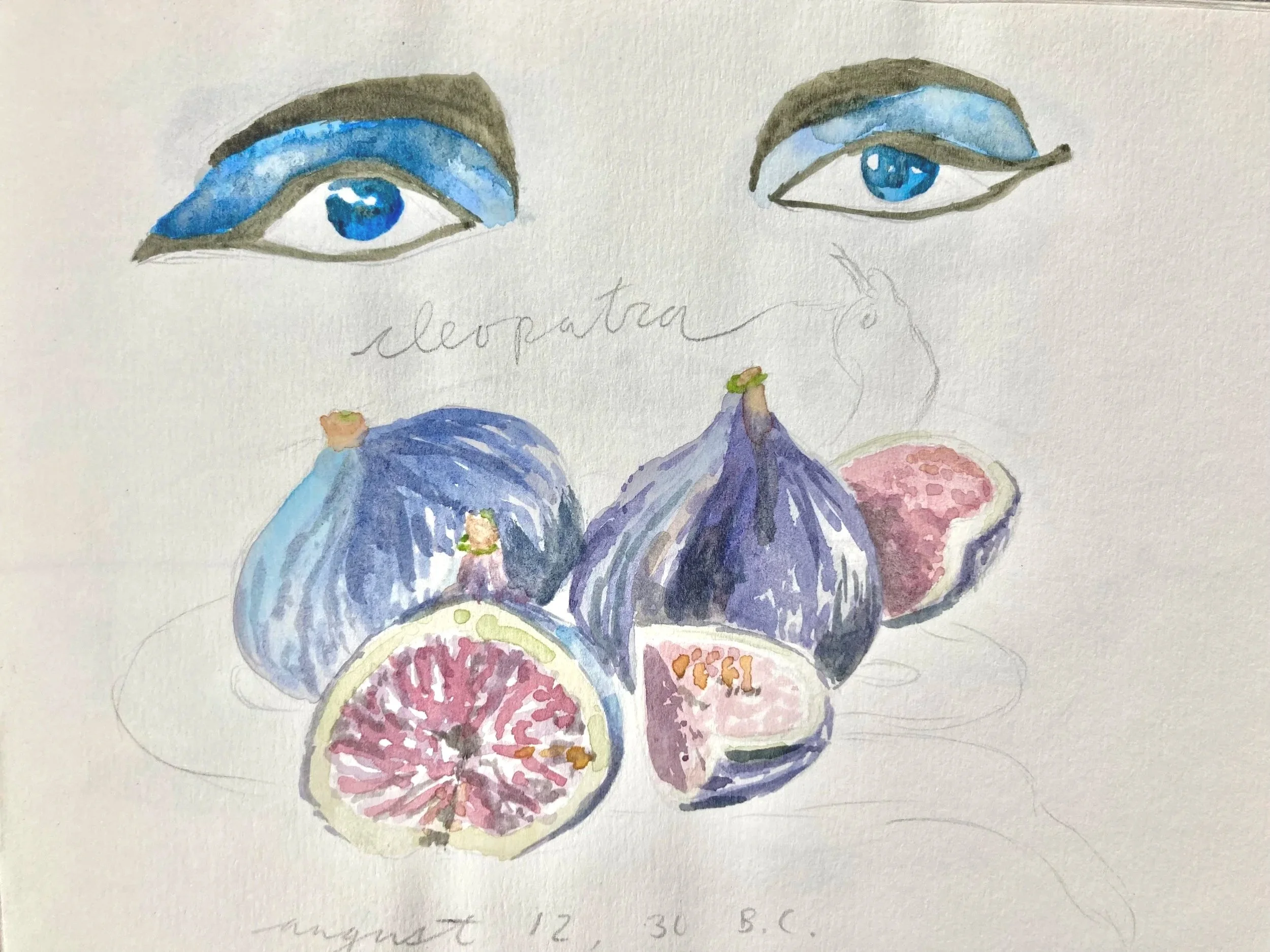 Watercolor painting of two human eyes with blue irises above a cluster of figs, some sliced open showing pink and purple interior, with the word 'celebration' faintly written in the background.