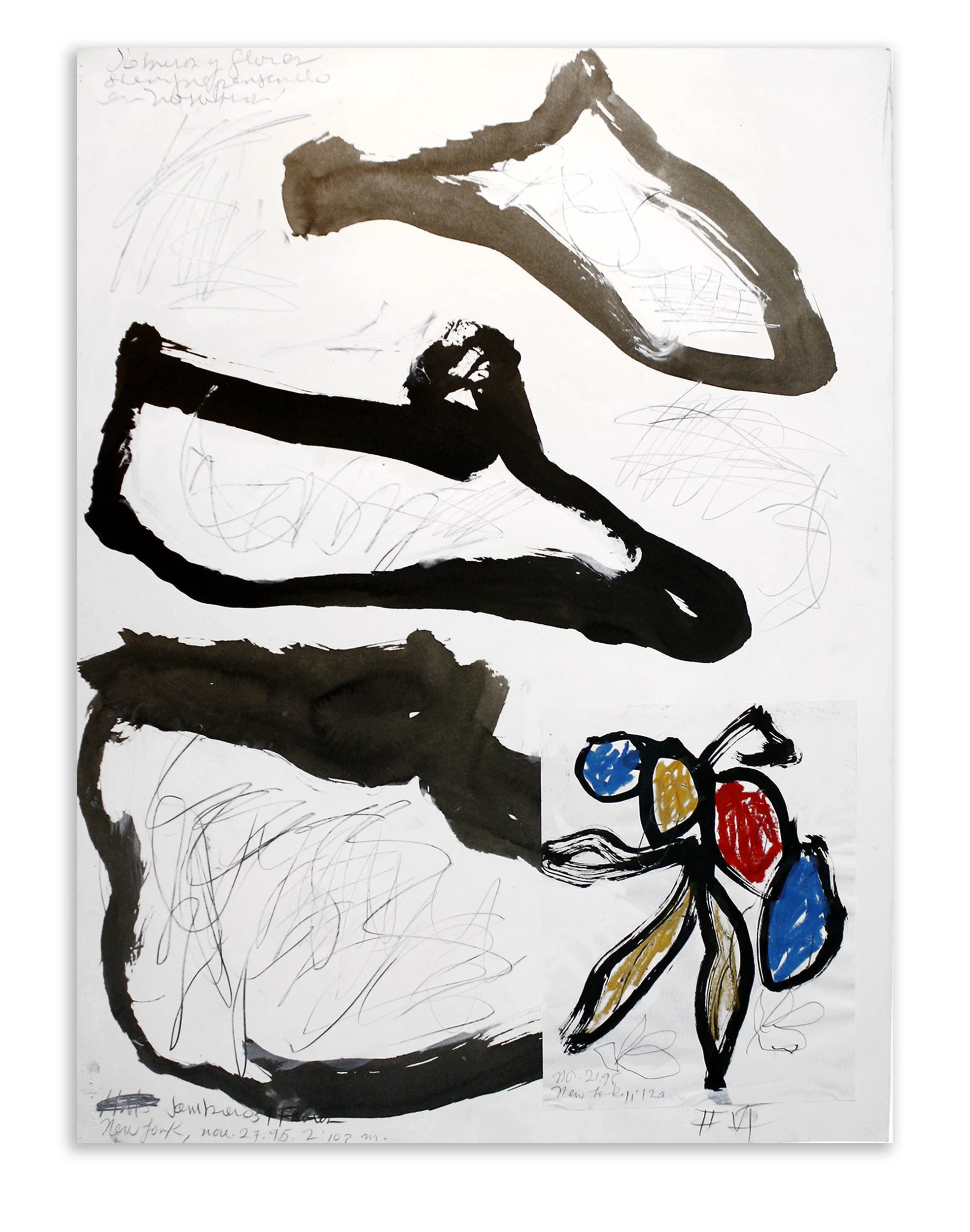 NY FLOWER XVI
1995
30 x 22 inches
Oil pastel, coffee, acrylic, ink, graphite, and collage elements on paper.