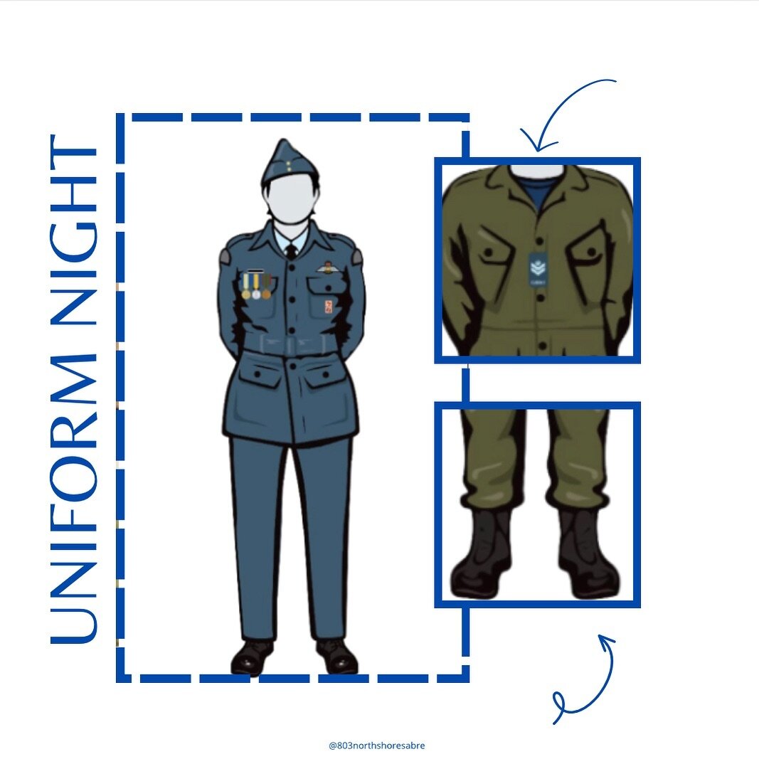 This Friday is UNIFORM NIGHT👔 It is mandatory you bring BOTH uniforms to the squadron on Friday.
You MUST have: 
- Full C1 uniform: tunic, light blue shirt, tie, wedge, pants, belt, boots, ranks SEWN ON etc
- Full C5 uniform: tunic, navy blue t-shir