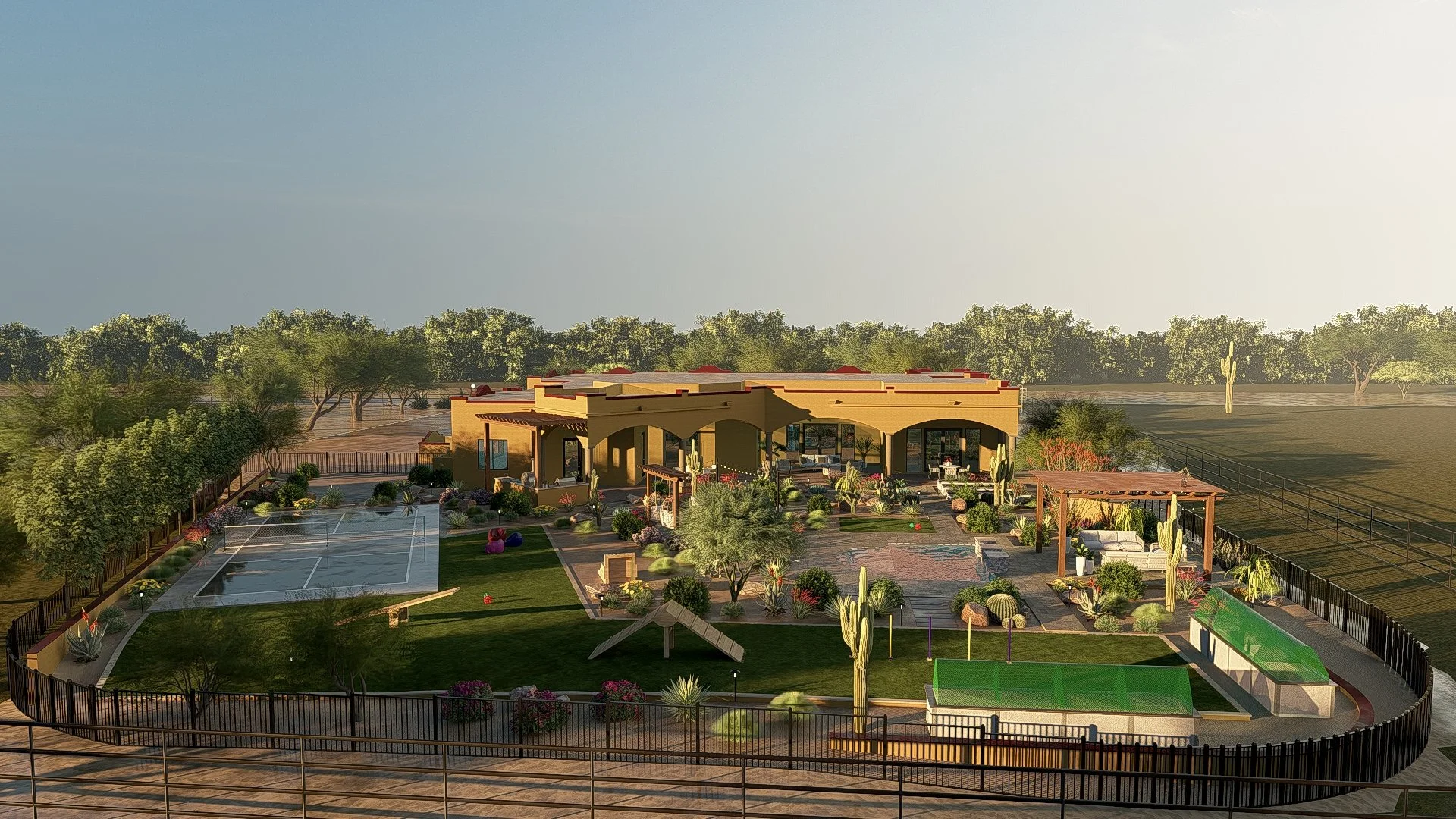 Outdoor patio area with a round fire pit surrounded by blue chairs, a swimming pool with fountains, and seating area with blue cushions and white furniture.