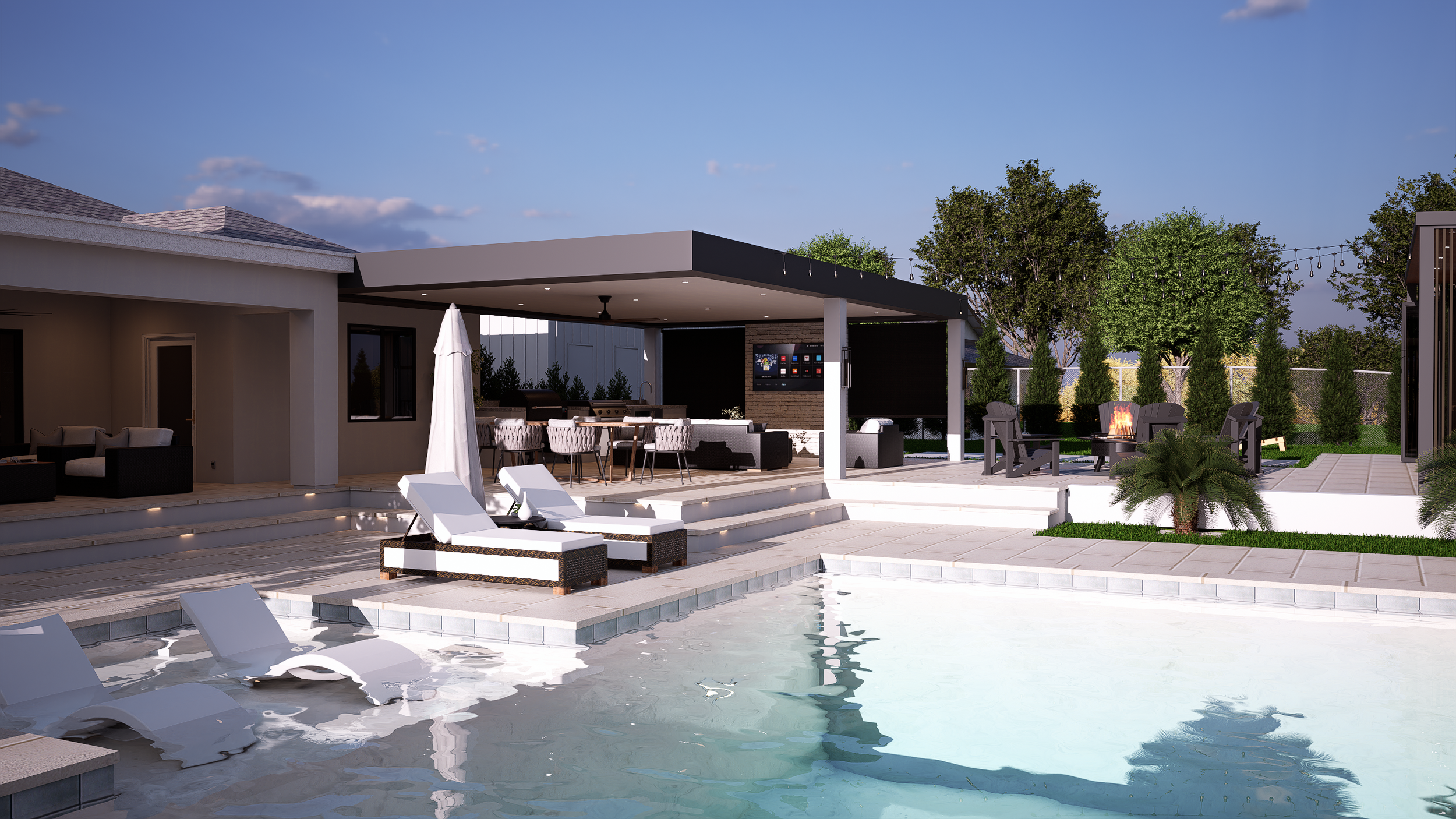 Modern backyard with a rectangular swimming pool, hot tub, and poolside lounge chairs. There are tall palm trees, desert plants, and a white contemporary house with large glass windows. The scene includes a shaded seating area with a fire pit, outdoor lighting, and mountain views in the background.
