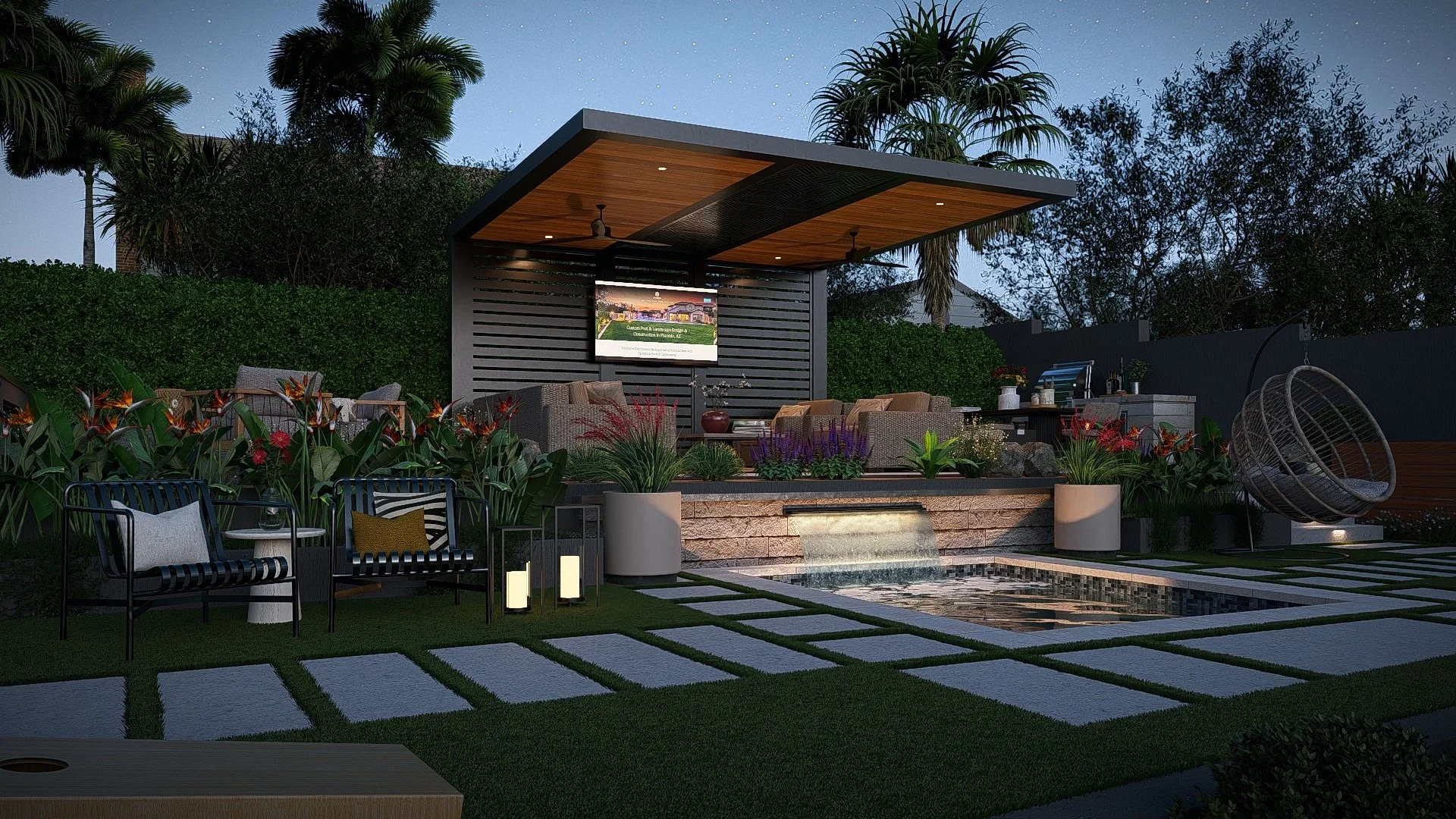 Backyard with a large grassy lawn, swimming pool, outdoor seating, and a modern house at sunset.
