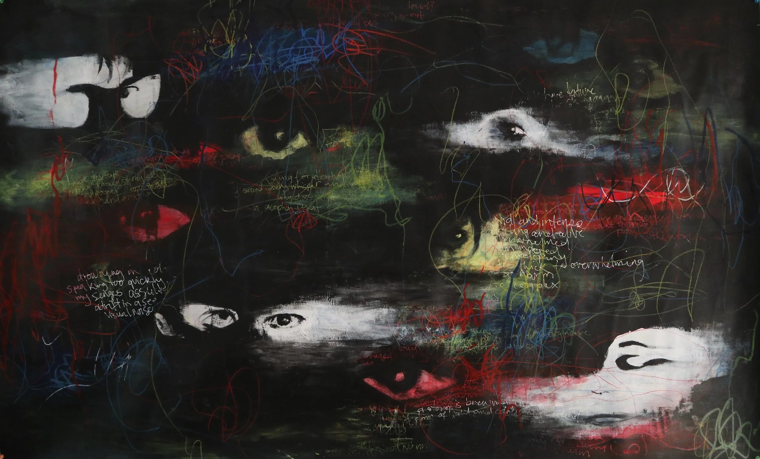 A mixed-media piece using acrylic and collage, depicting several haunting, distorted self-portrait eyes amidst a dark void filled with frantic scribbles and vibrant abstract lines.