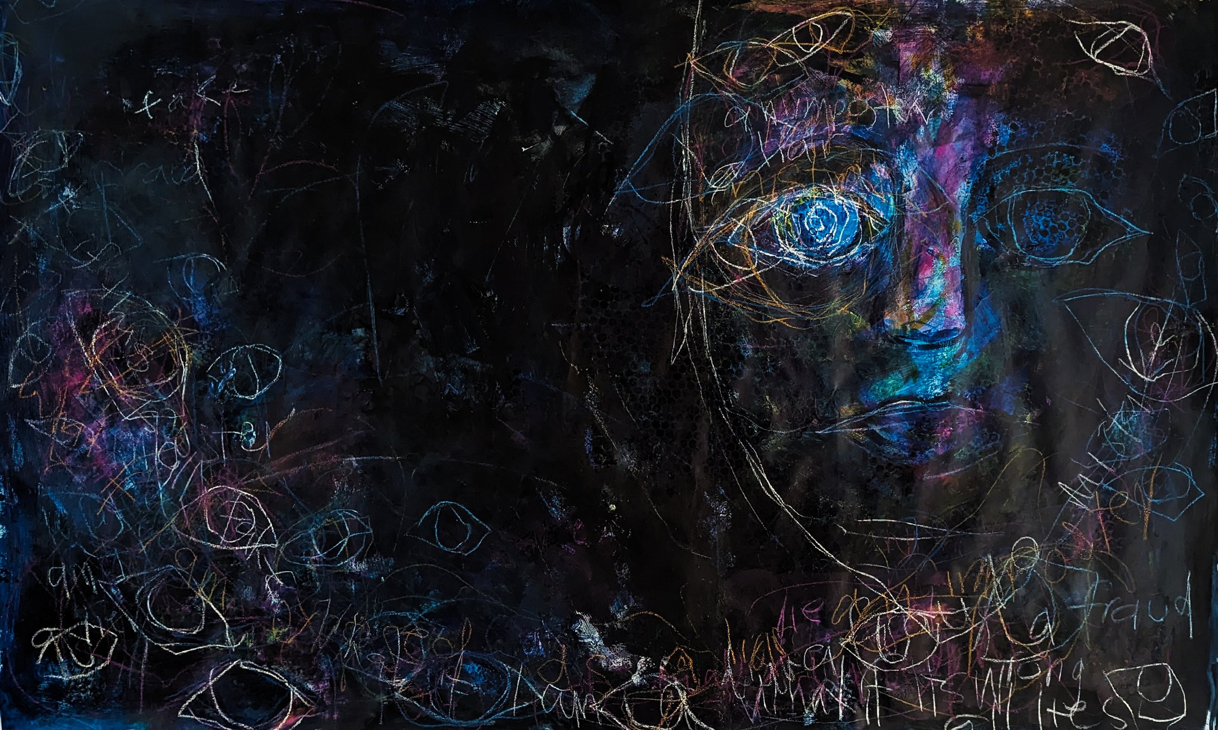 Mixed-media artwork showing a face partially obscured by shadows and overlapping pencil marks. One eye is rendered in bright blue, surrounded by swirling lines and scrawled text that evoke a sense of inner turmoil.