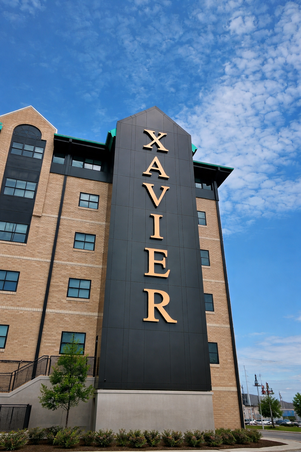 Large illuminated building letters on the Xavier University campus in New Orleans