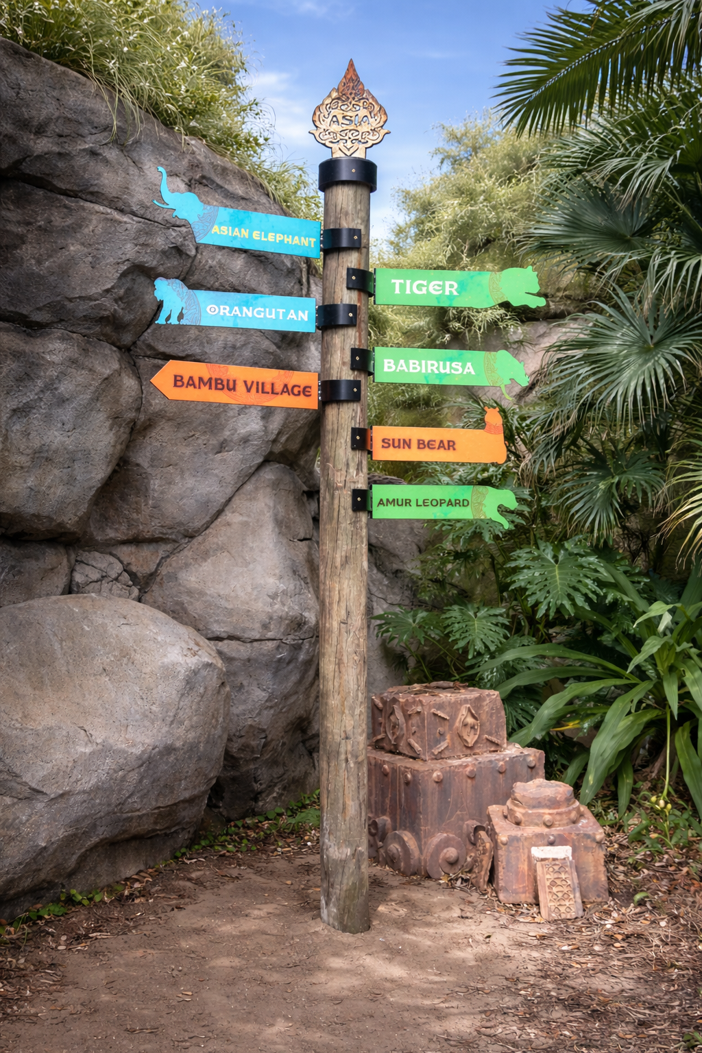 Colorful directional signs with animal names and illustrations, mounted on a wooden post outdoors, surrounded by rocks and lush greenery, including palm leaves, against a blue sky background.