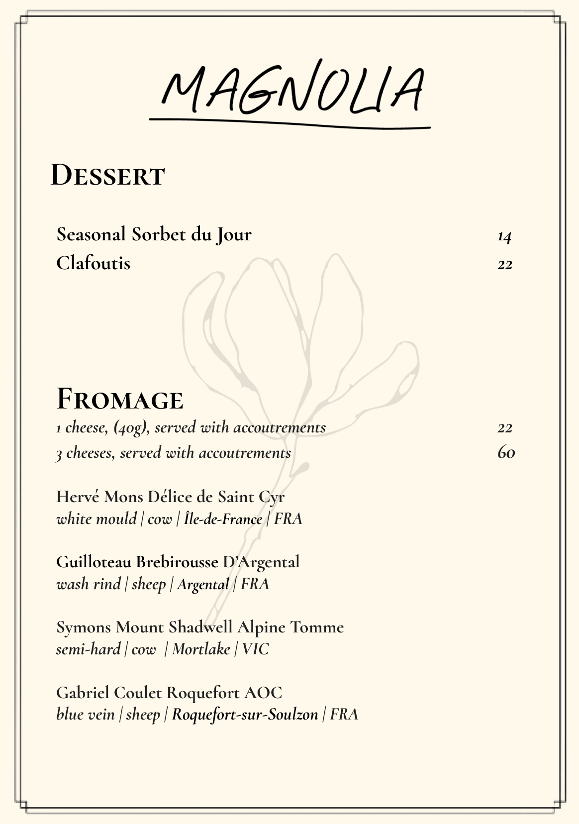 Plat Du Jour Menu Dessert Cheese Wednesday 4th March