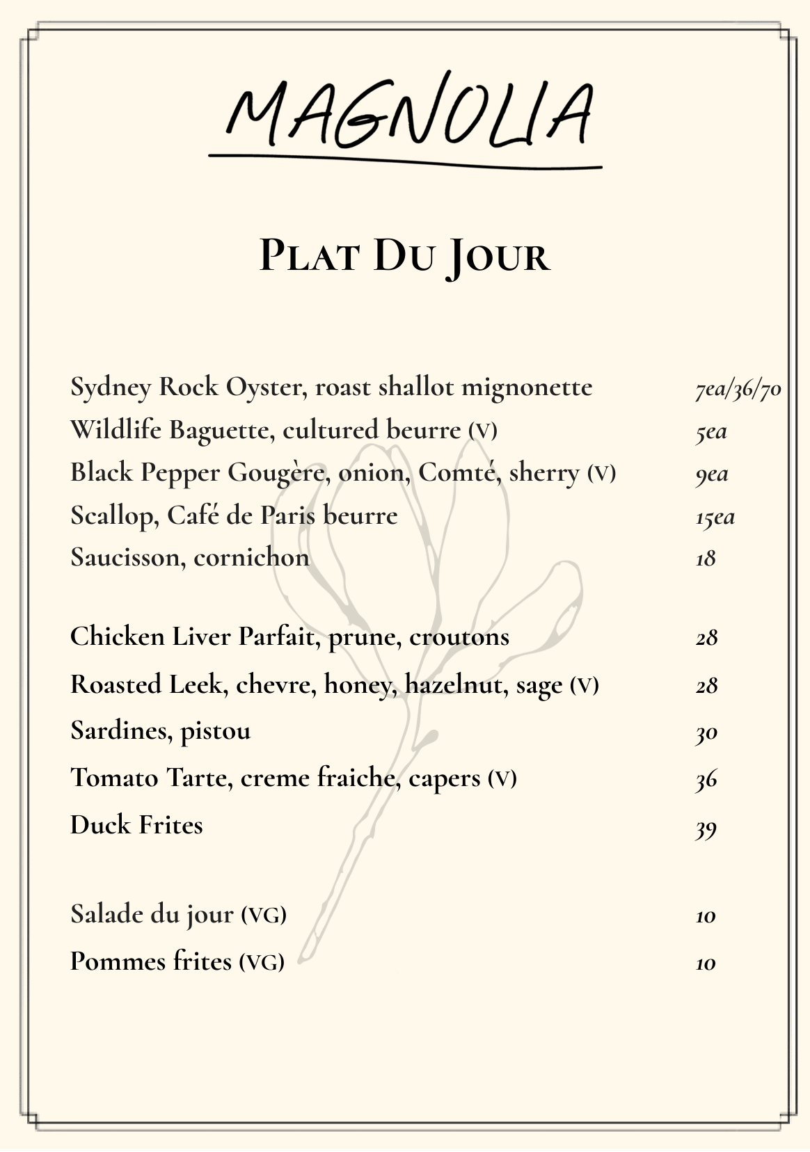 Plat Du Jour Menu Wednesday 4th March