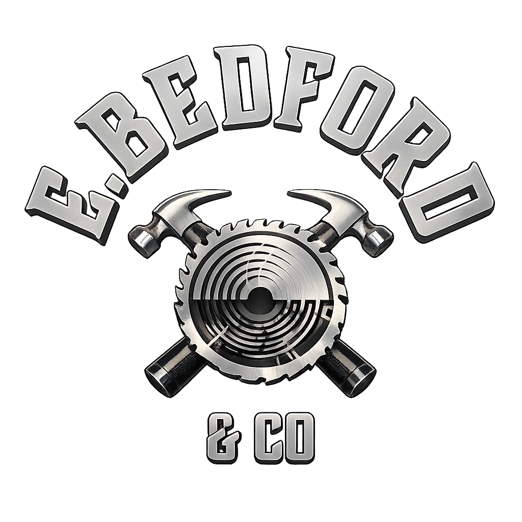 Logo for E.Bedford & Co featuring a circular saw blade, two crossed hammers, and stylized text.