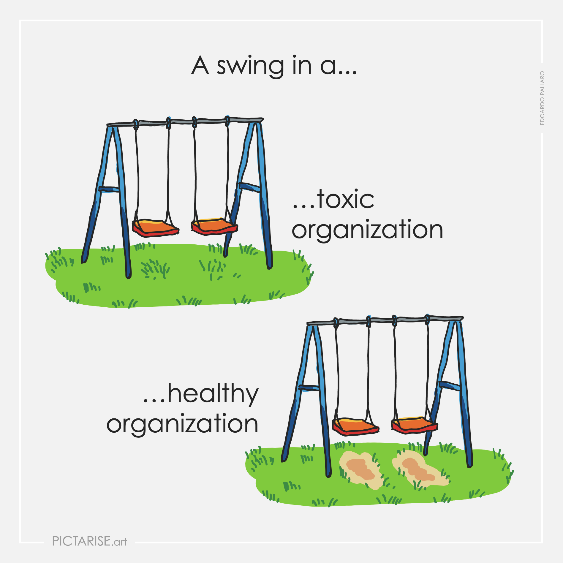 The grass underneath the swing.