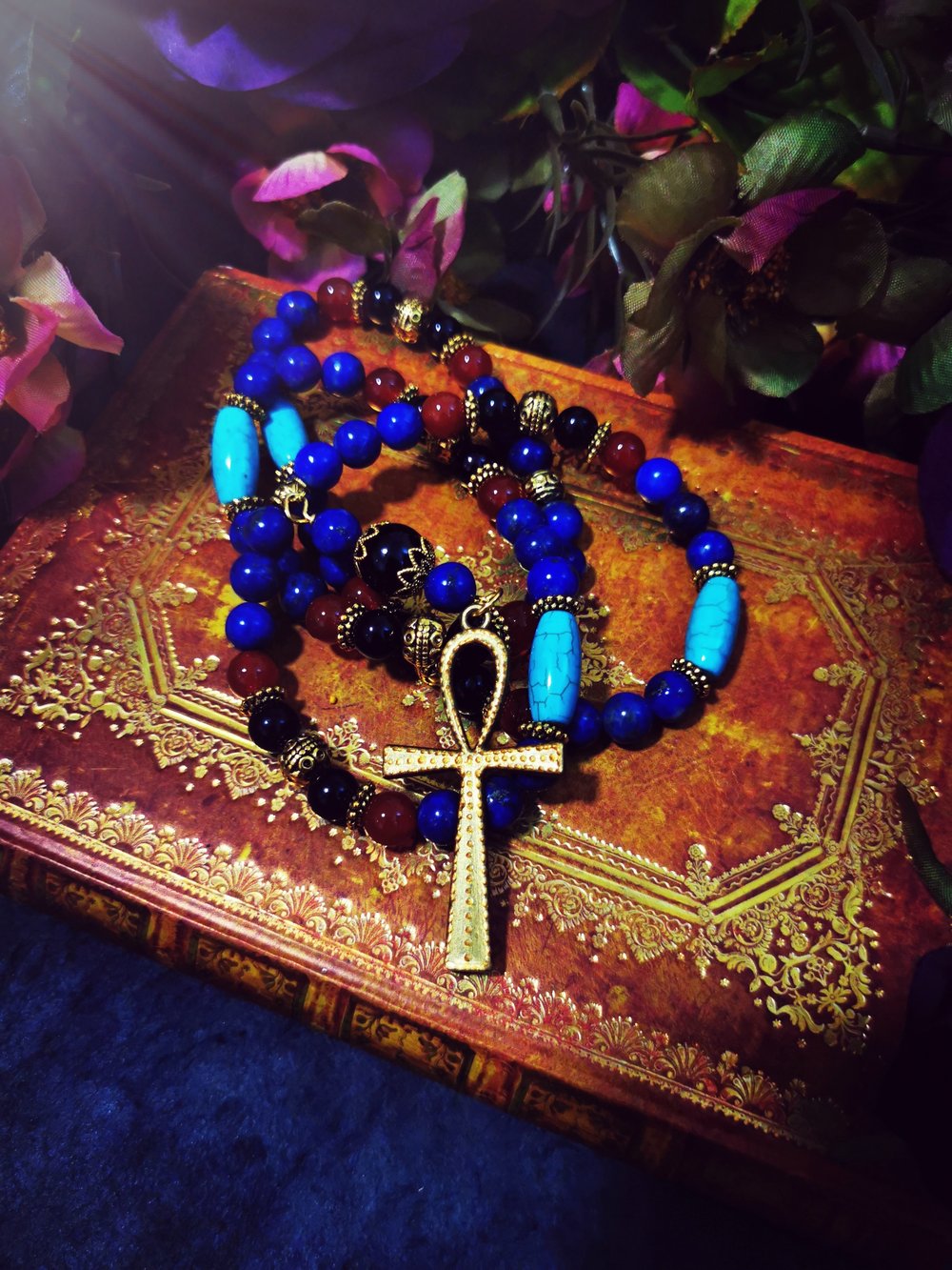 108 Mala Beads, Ankh Necklace Rosewood & Lapis Lazuli Egyptian Jewelery