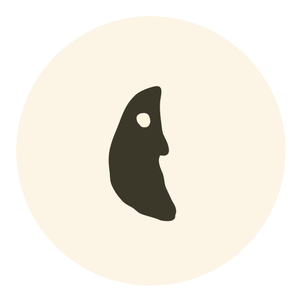 Minimalist logo of a crescent moon face silhouette cut out from a dark shape on a light circular background.