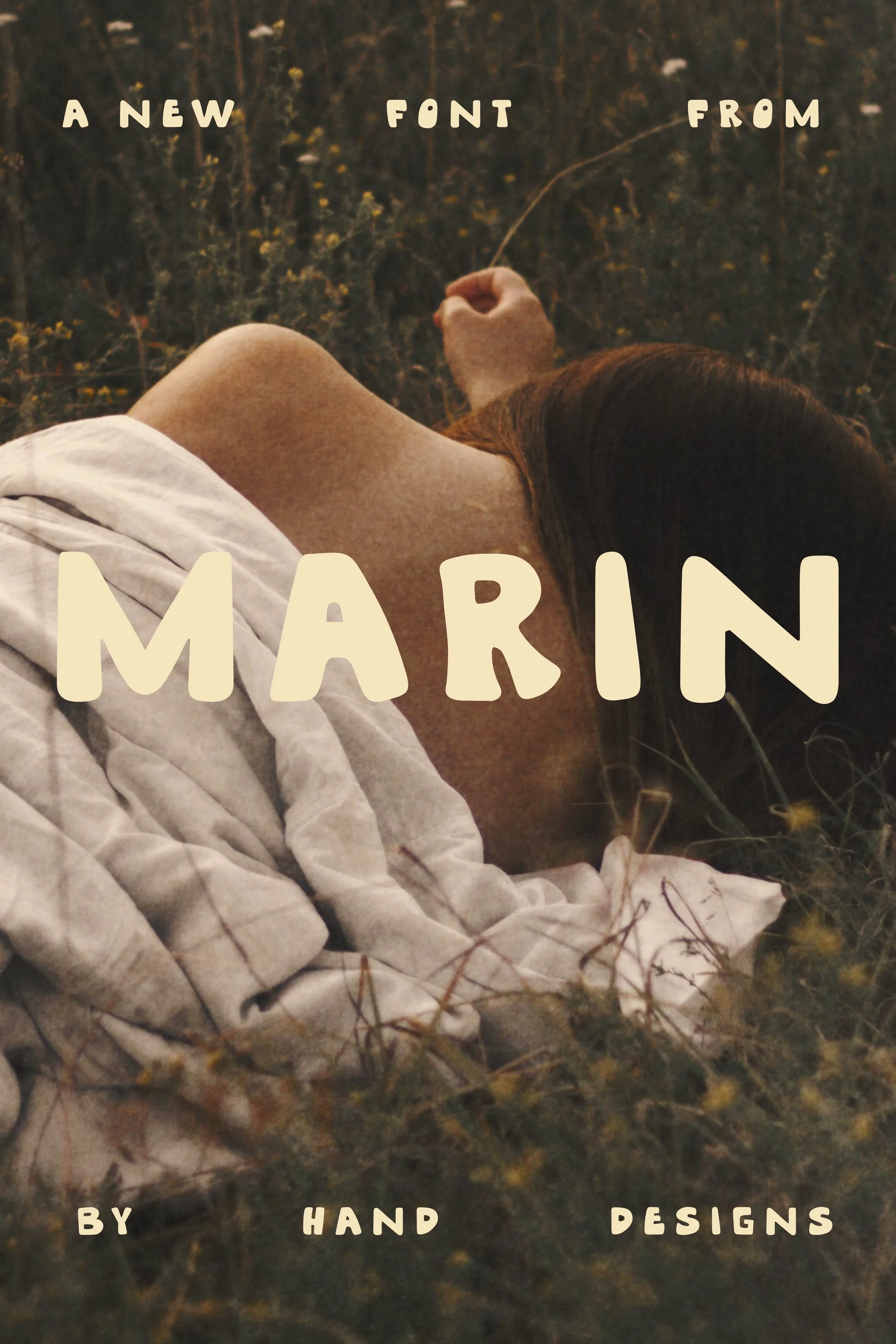 Marin hand drawn display font shown on a lifestyle campaign, demonstrating bold organic typography for modern branding and creative marketing.
