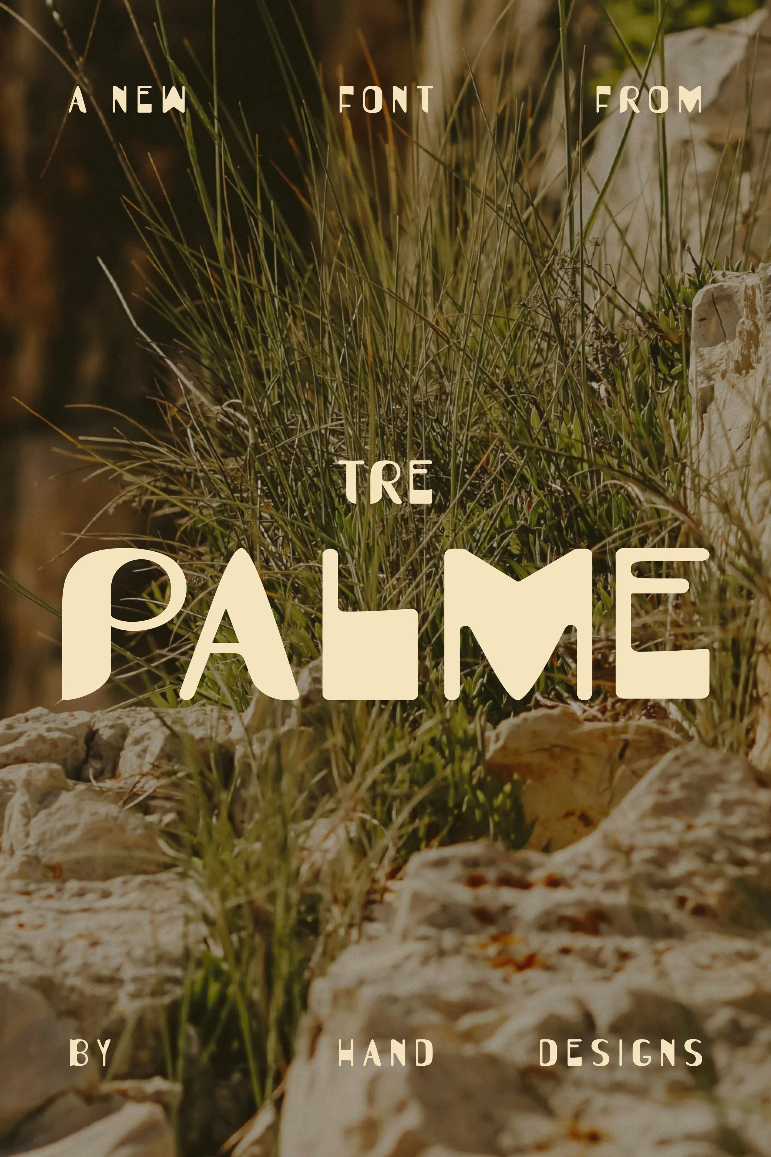 Tre Palme hand drawn display font paired with nature-inspired imagery, showcasing handcrafted typography for premium branding, packaging, and lifestyle products.