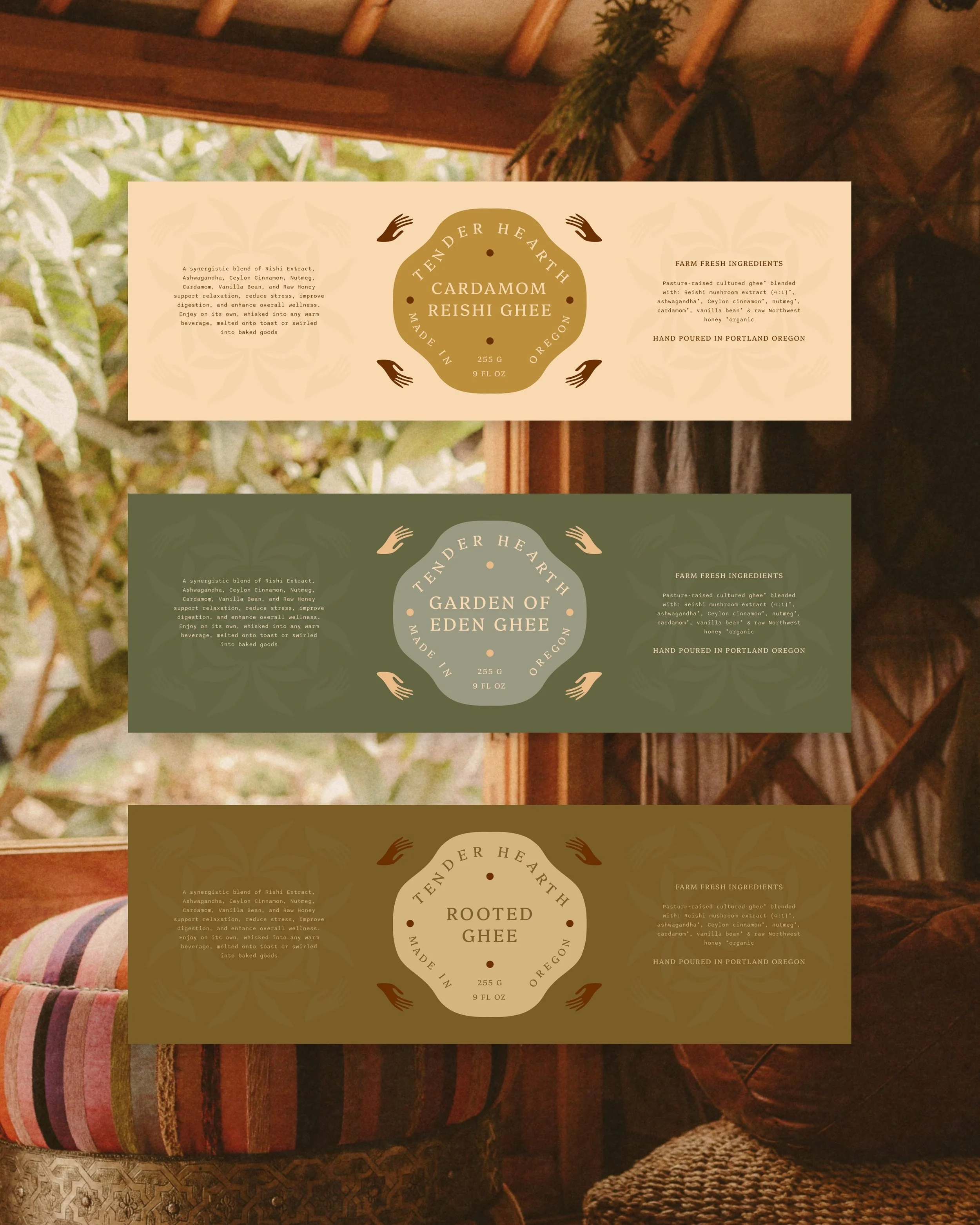 Earth-toned brand color palette featuring custom brand illustrations for jar packaging design