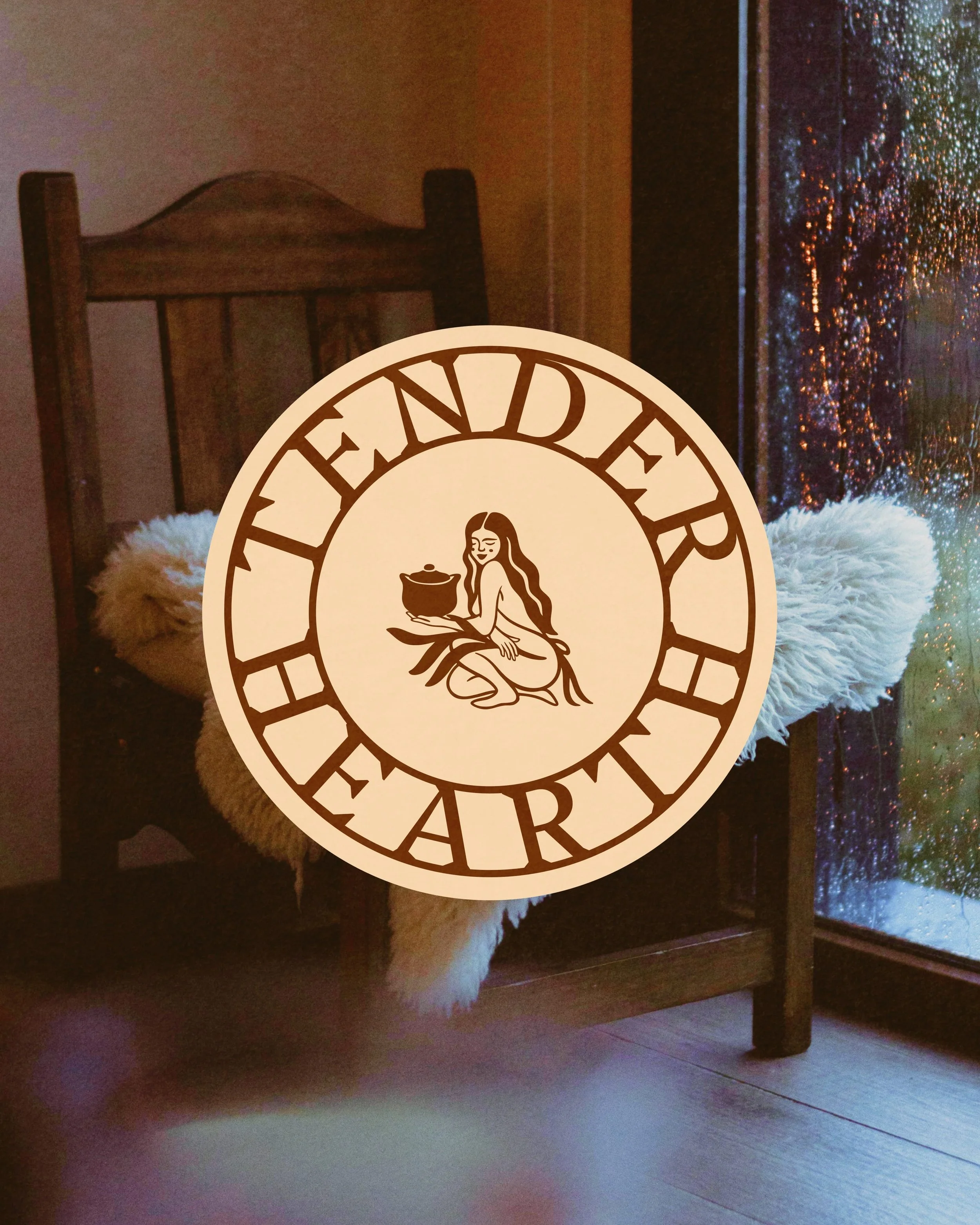Holistic brand identity overview for Tender Hearth, bridging artisanal ghee products with somatic postpartum services.