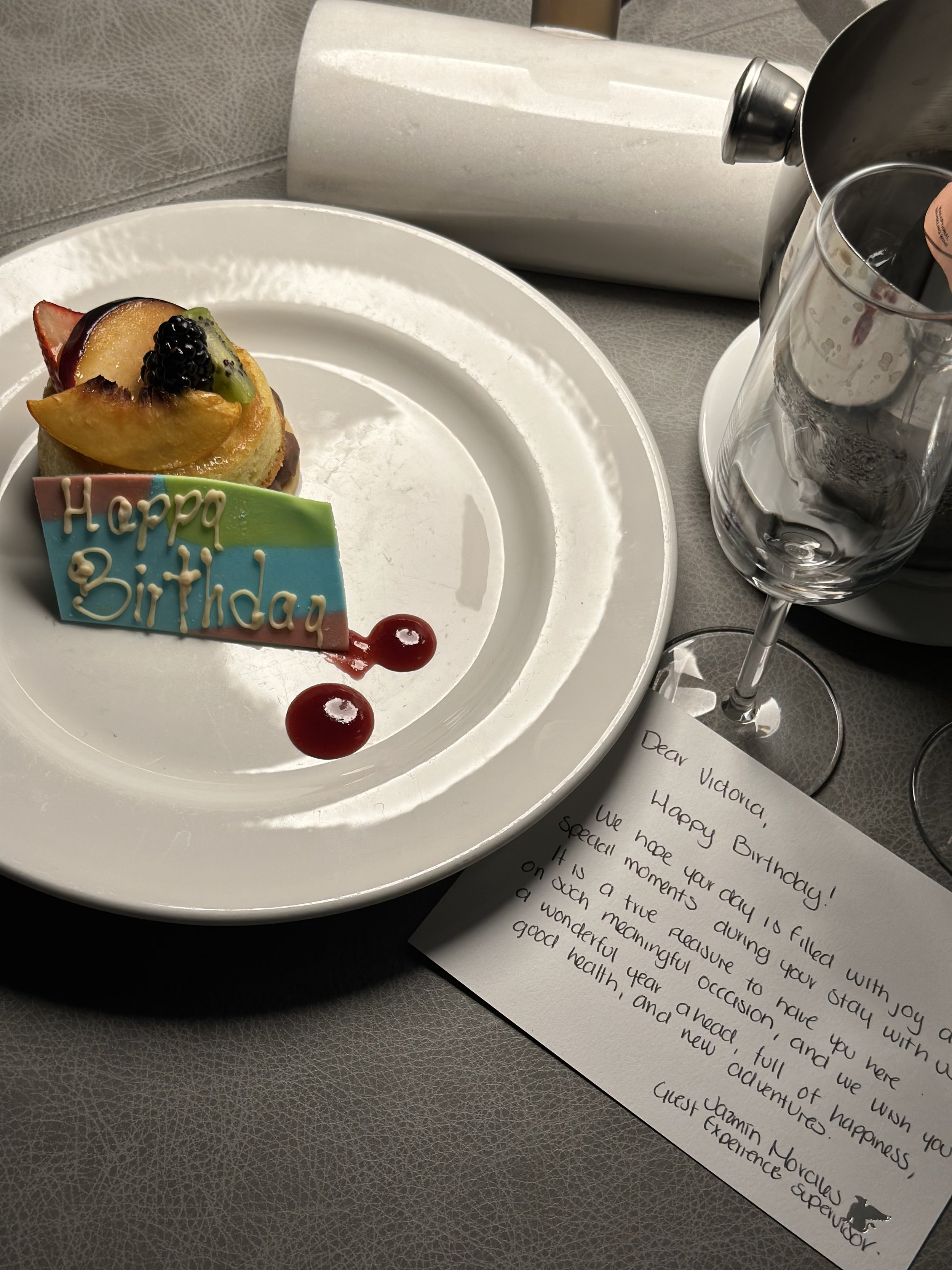 Birthday dessert and handwritten welcome note at JW Marriott Mexico City