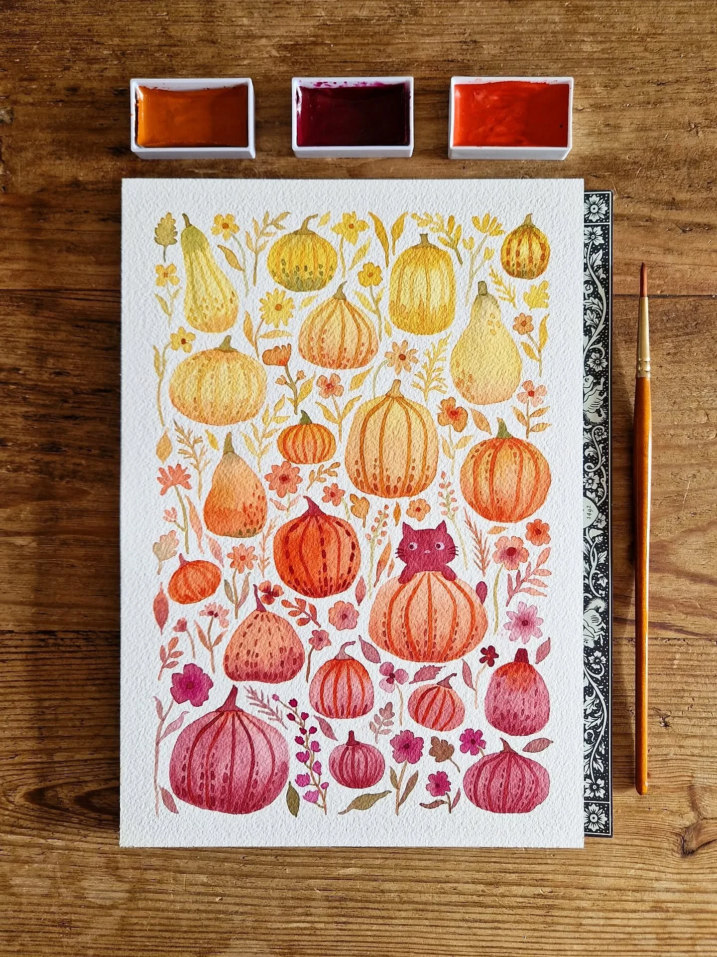 Pumpkins, gourds, and a little curious guest 🐱🎃. I meant to share this for Halloween, but didn't quite finish it in time 🙈. Better late than never 🍂
.
.
#floralillustration&nbsp;#floralart&nbsp;#floralwatercolour&nbsp;#watercolourpainting #handpa