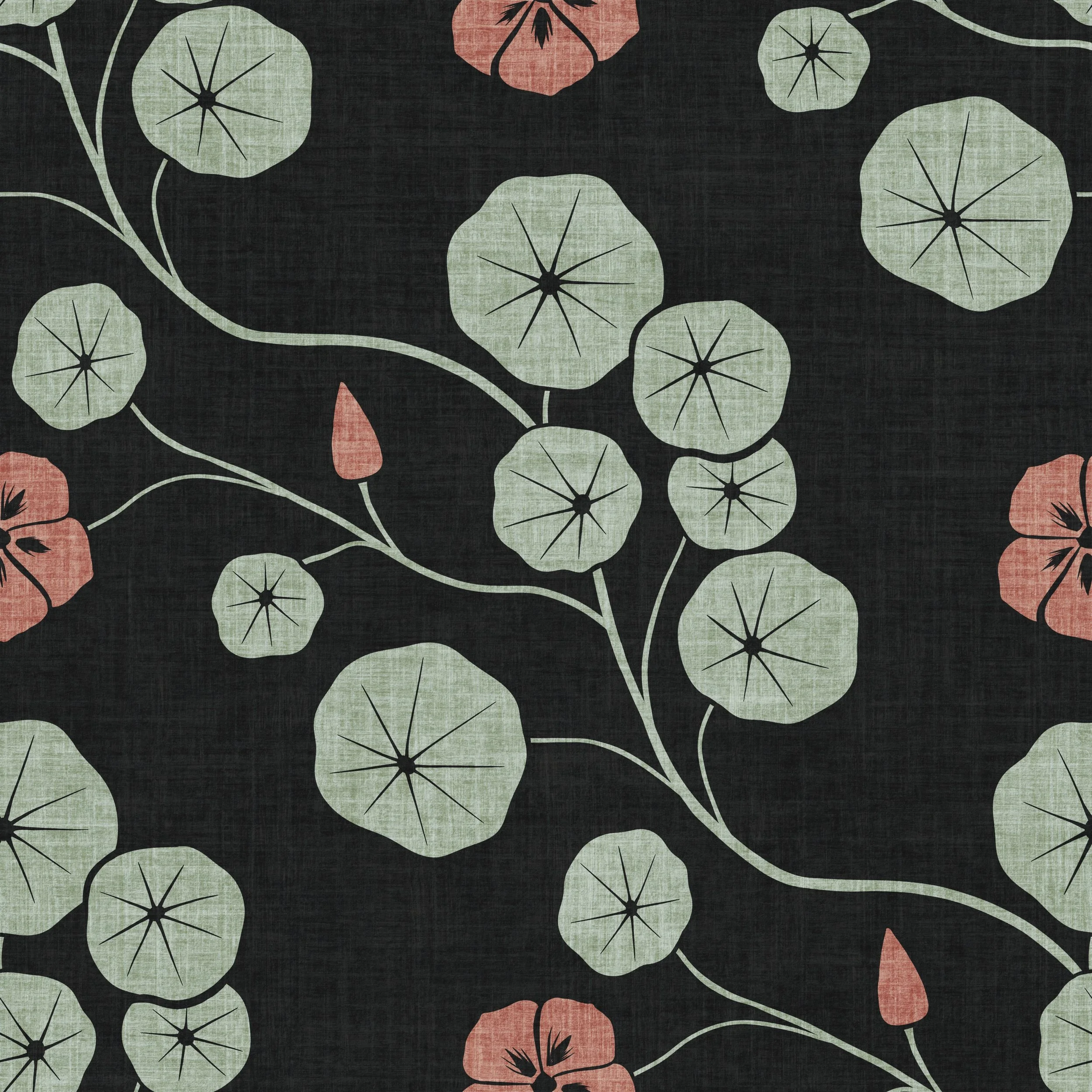 A floral pattern with green nasturtium leaves and orange flowers on a dark background.