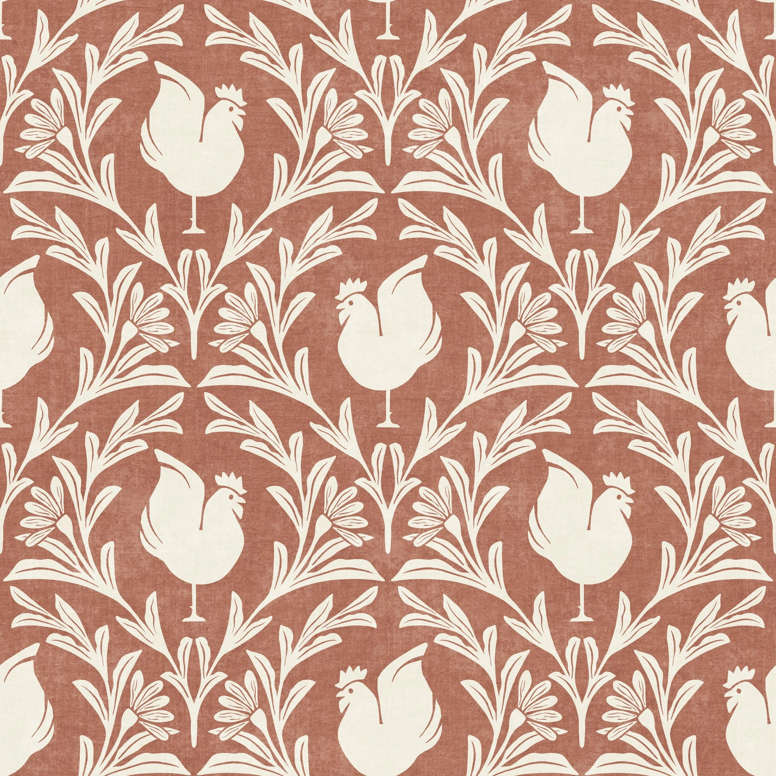 Pattern of white roosters surrounded by daisies and leaves on a terracotta orange background.