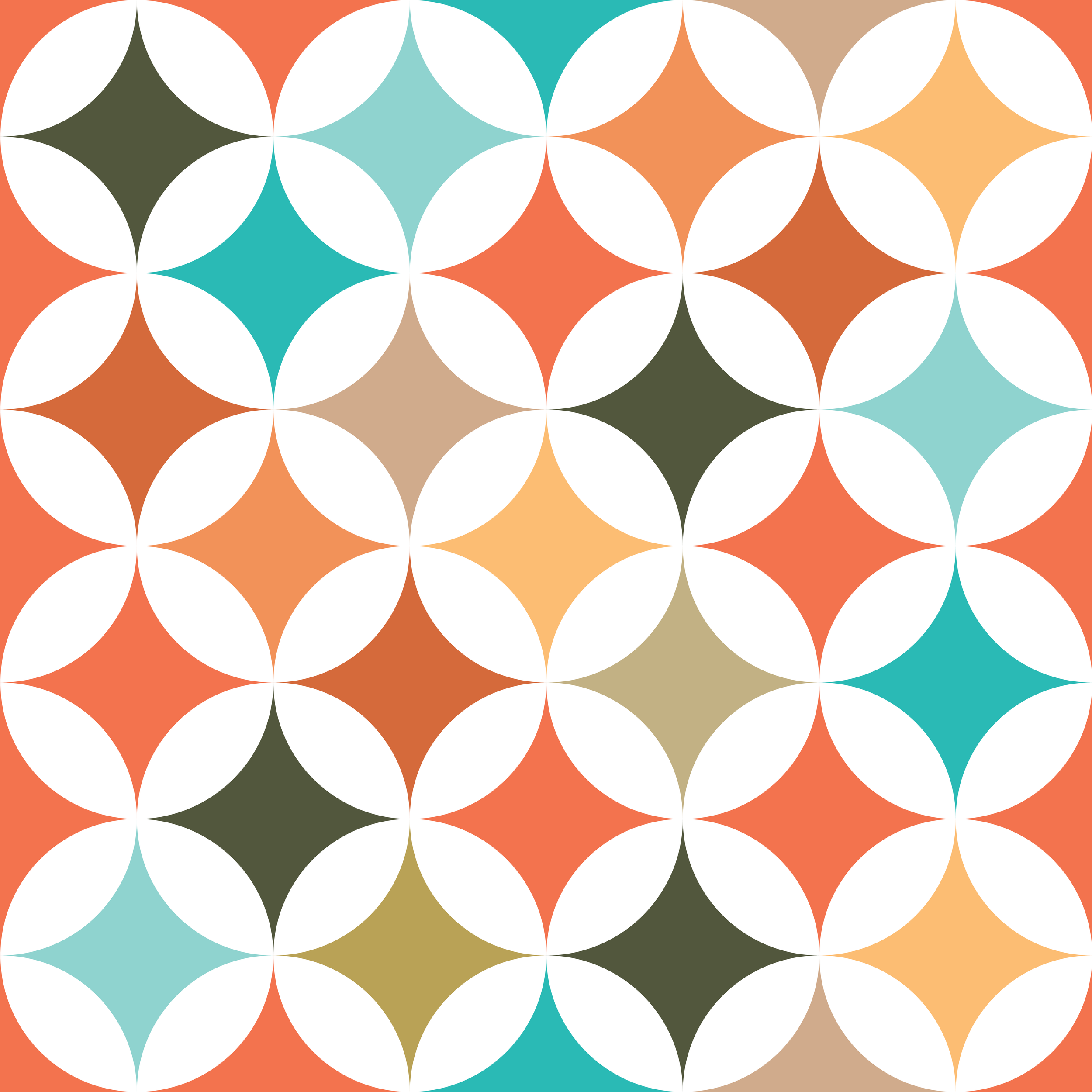 Colorful geometric pattern with overlapping circles in shades of orange, teal, beige, and dark green.