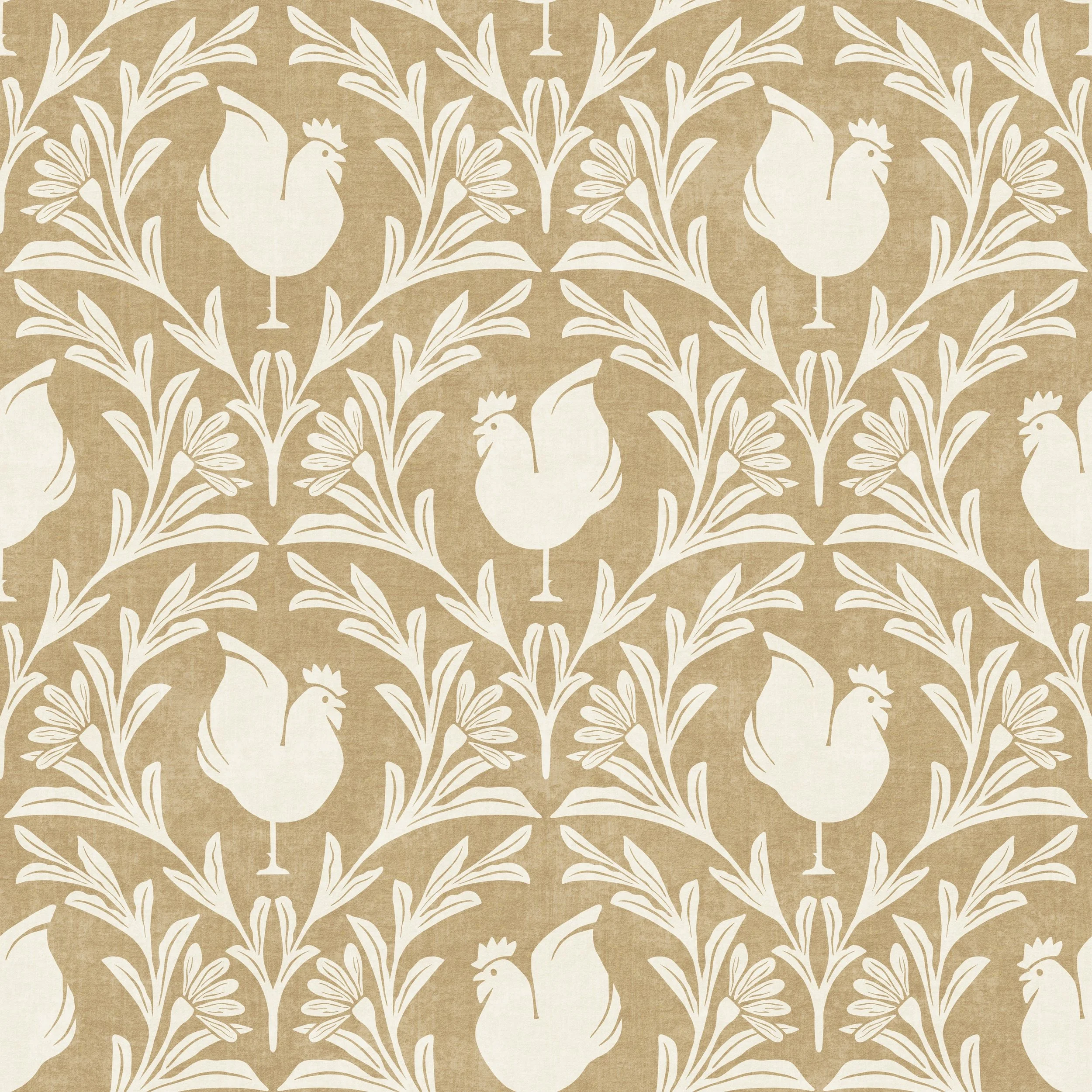 A repeating pattern of white rooster silhouettes and stylized leaves and daisies on a golden yellow background.