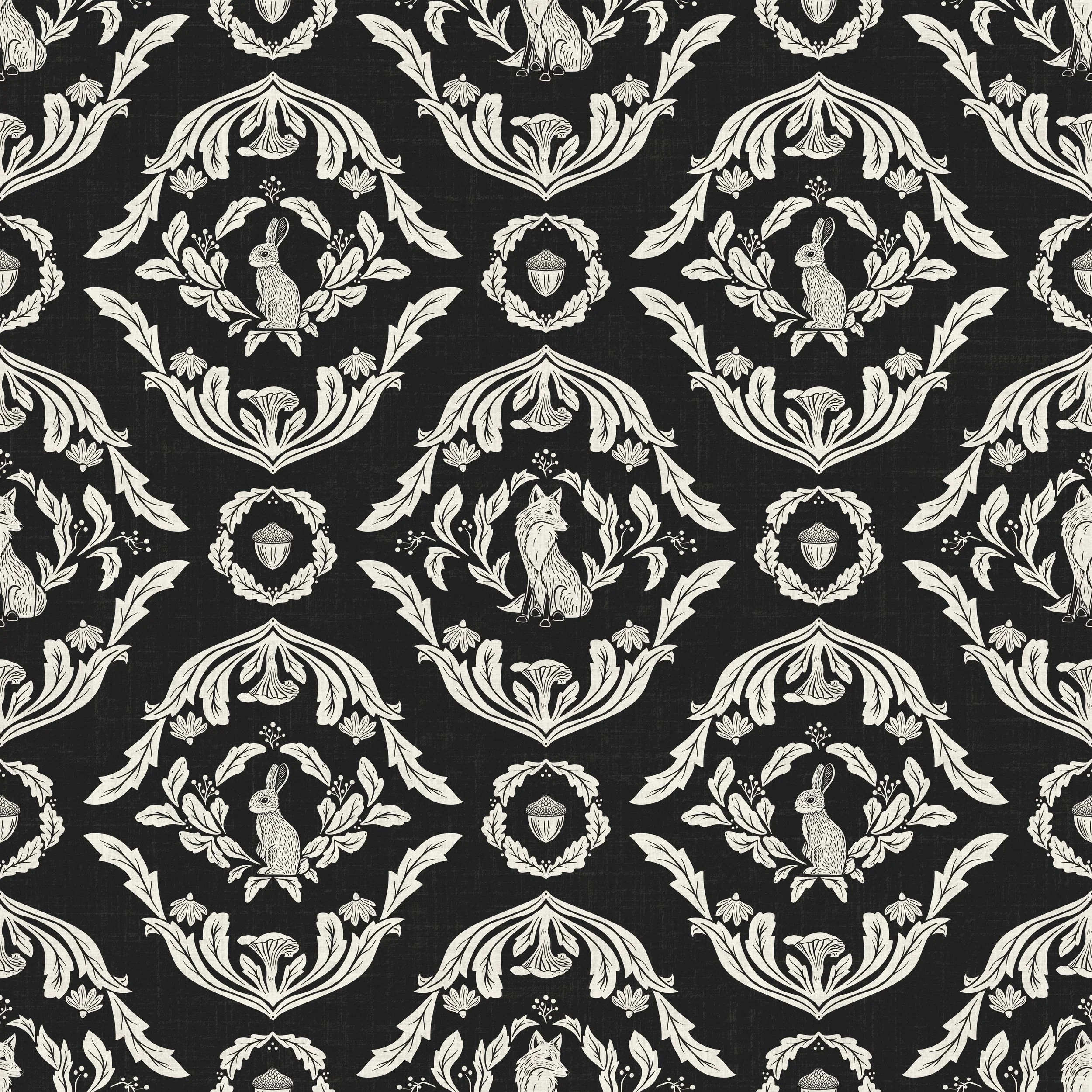 A black and white pattern featuring rabbits, foxes, acorns, mushrooms, and various floral elements in a repeating damask design.