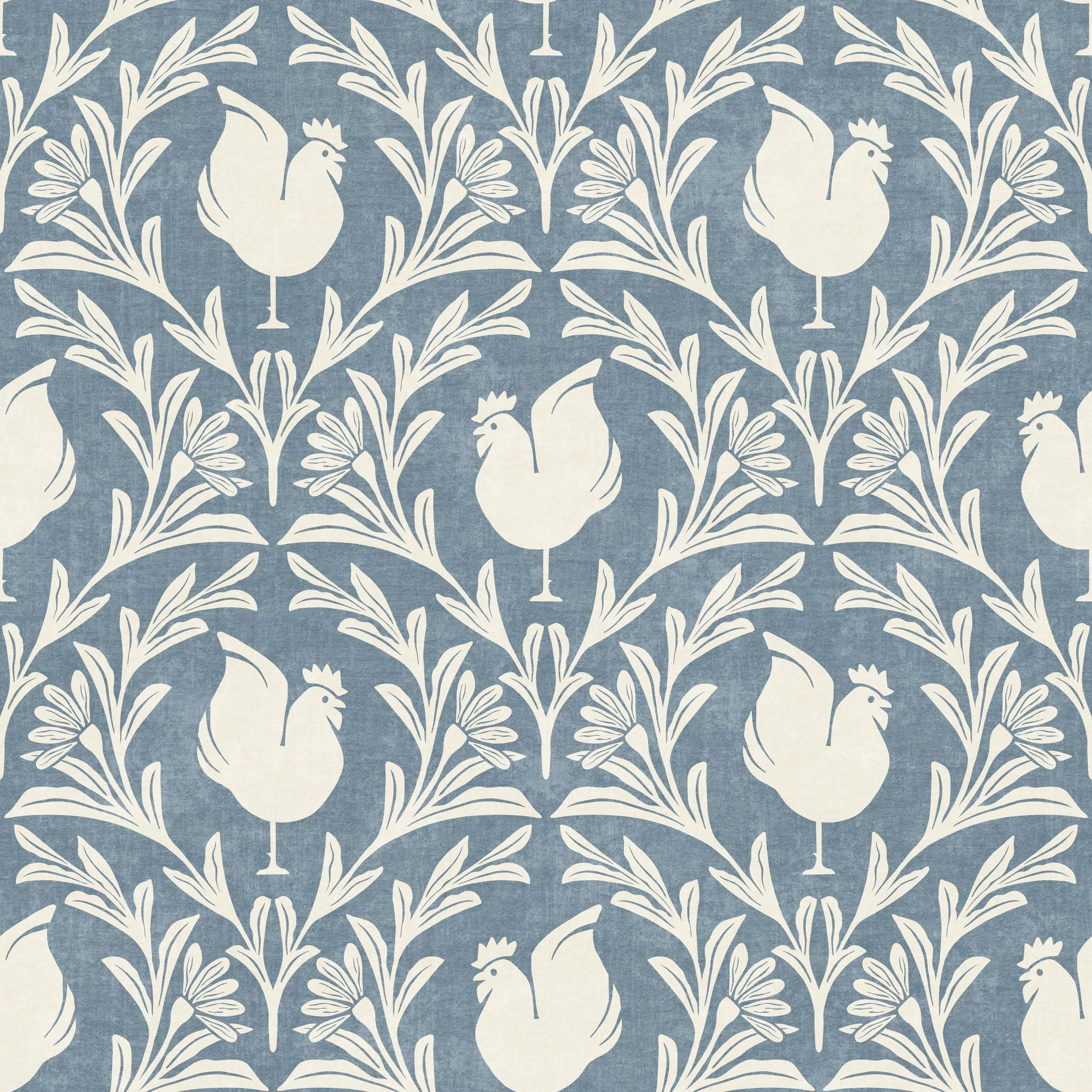 Pattern of white roosters with daisies and leaves in a scallop lattice repeat on a blue background.