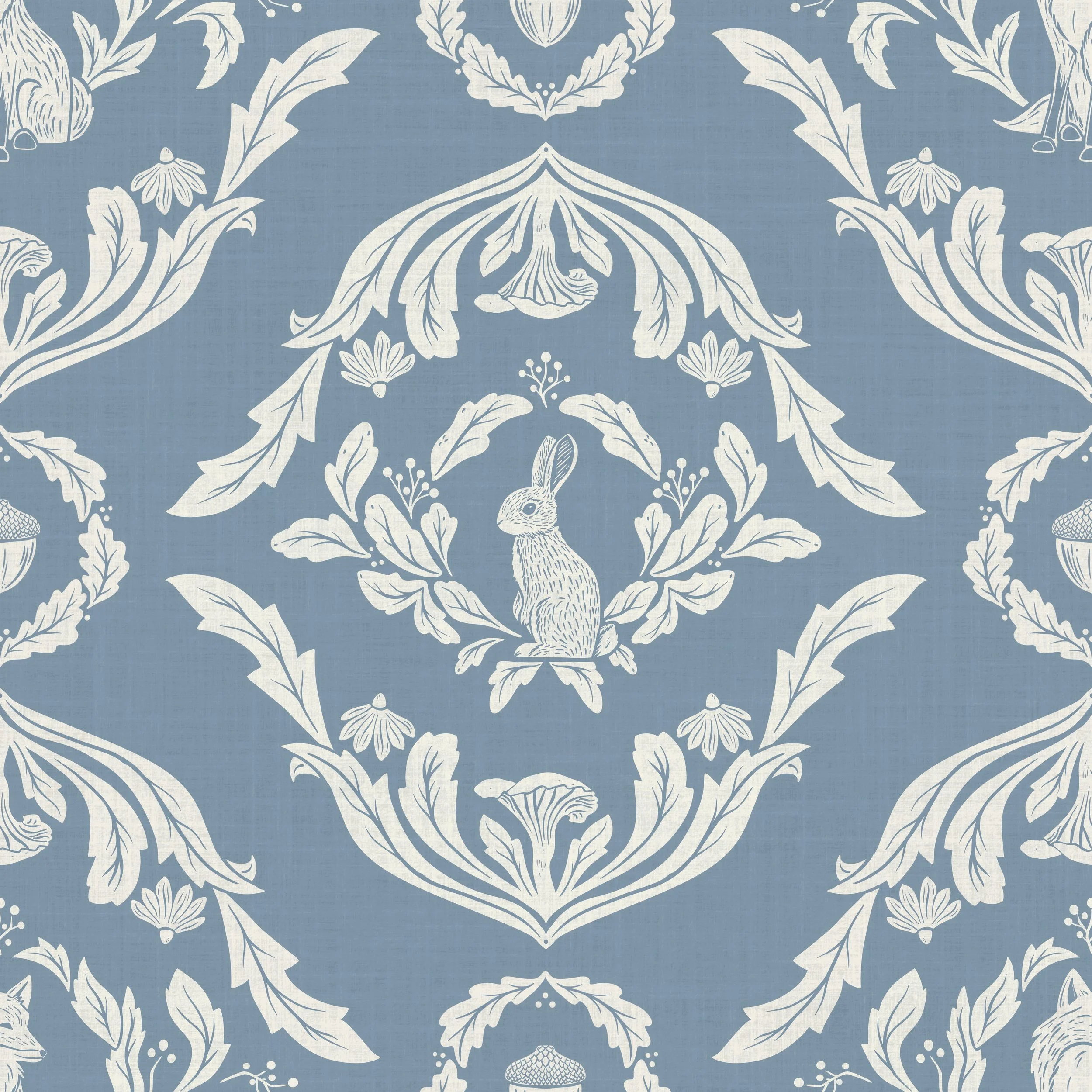 A blue wallpaper pattern featuring white illustrations of rabbits, foxes, mushrooms, floral elements, and leaves arranged in a symmetrical design.