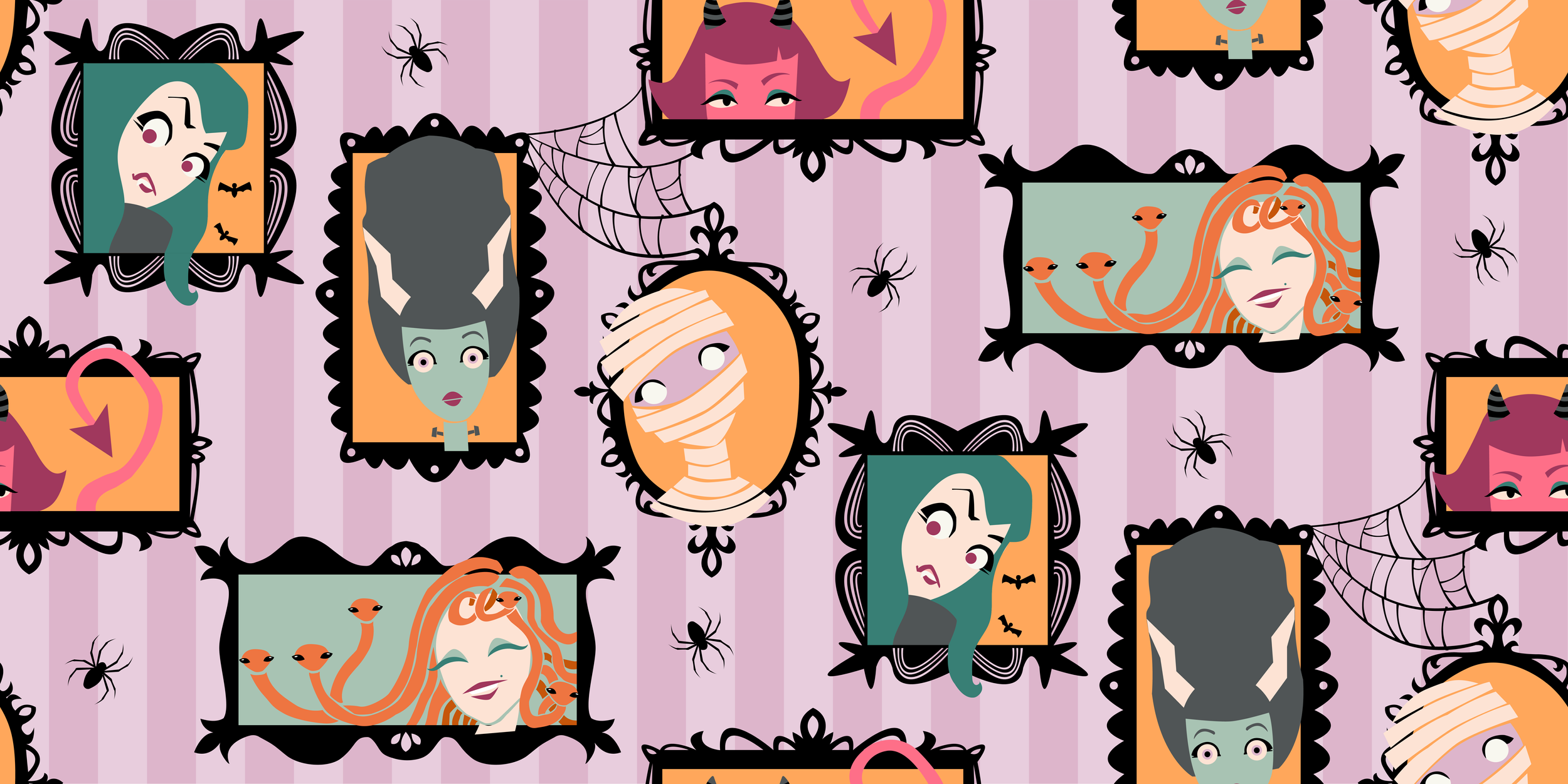 A Halloween-themed pattern featuring cartoon portraits of women with various hairstyles and facial expressions, framed in black ornate borders, surrounded by black spiders, wearing costumes like mummy and devil horns, on a purple background with pink and orange accents.