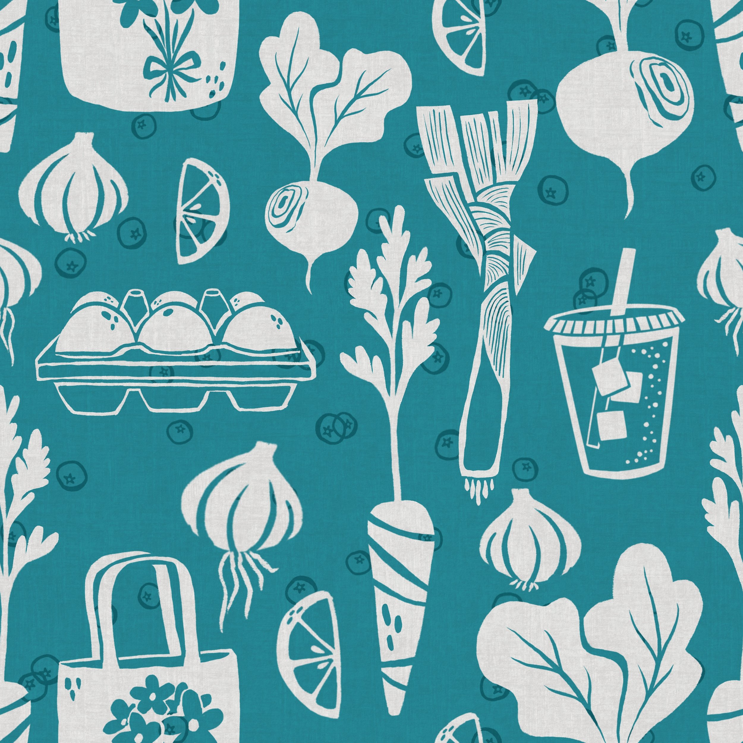 A patterned fabric design featuring various white illustrations of vegetables, fruits, and kitchen items on a teal background.