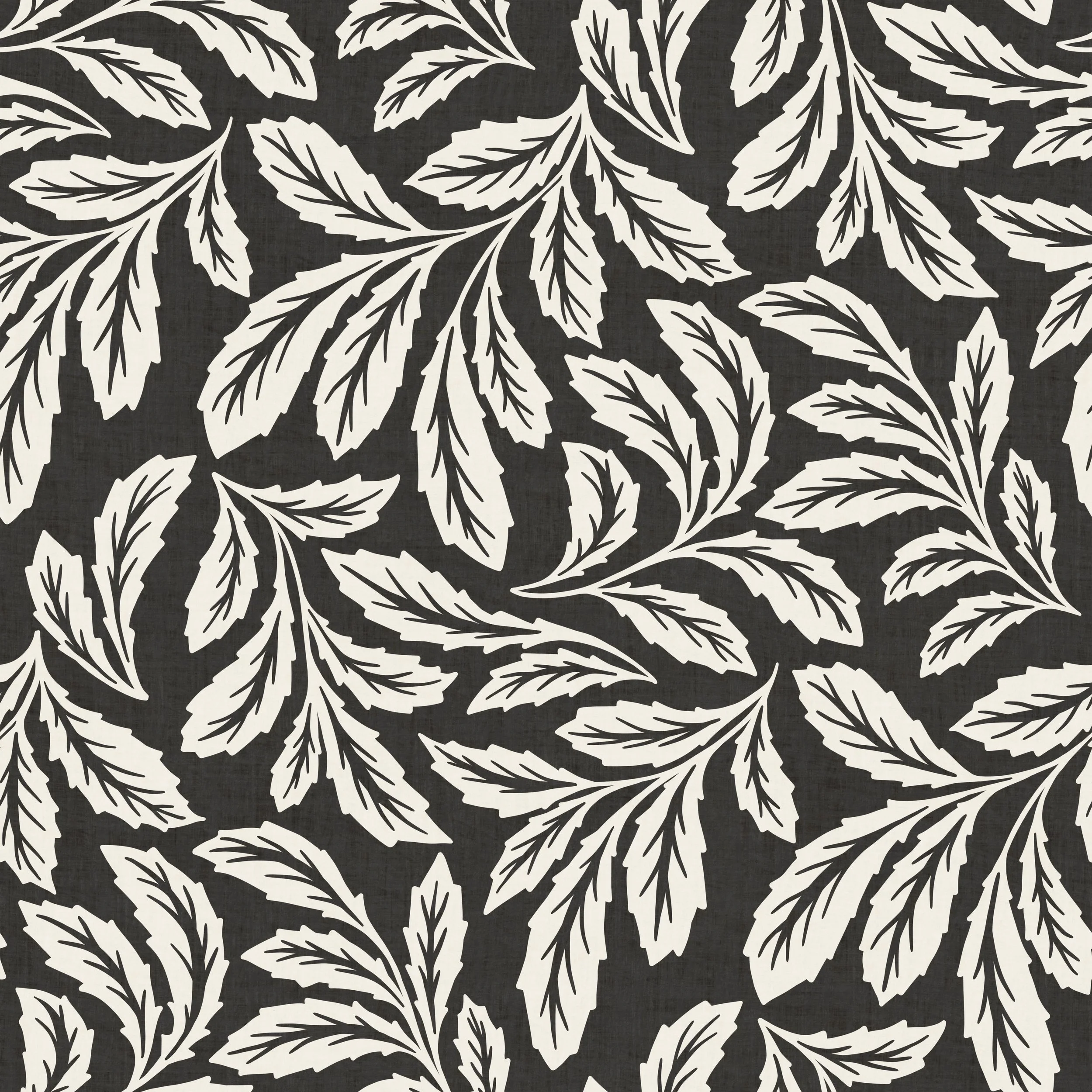 Black background with white leaf pattern design.