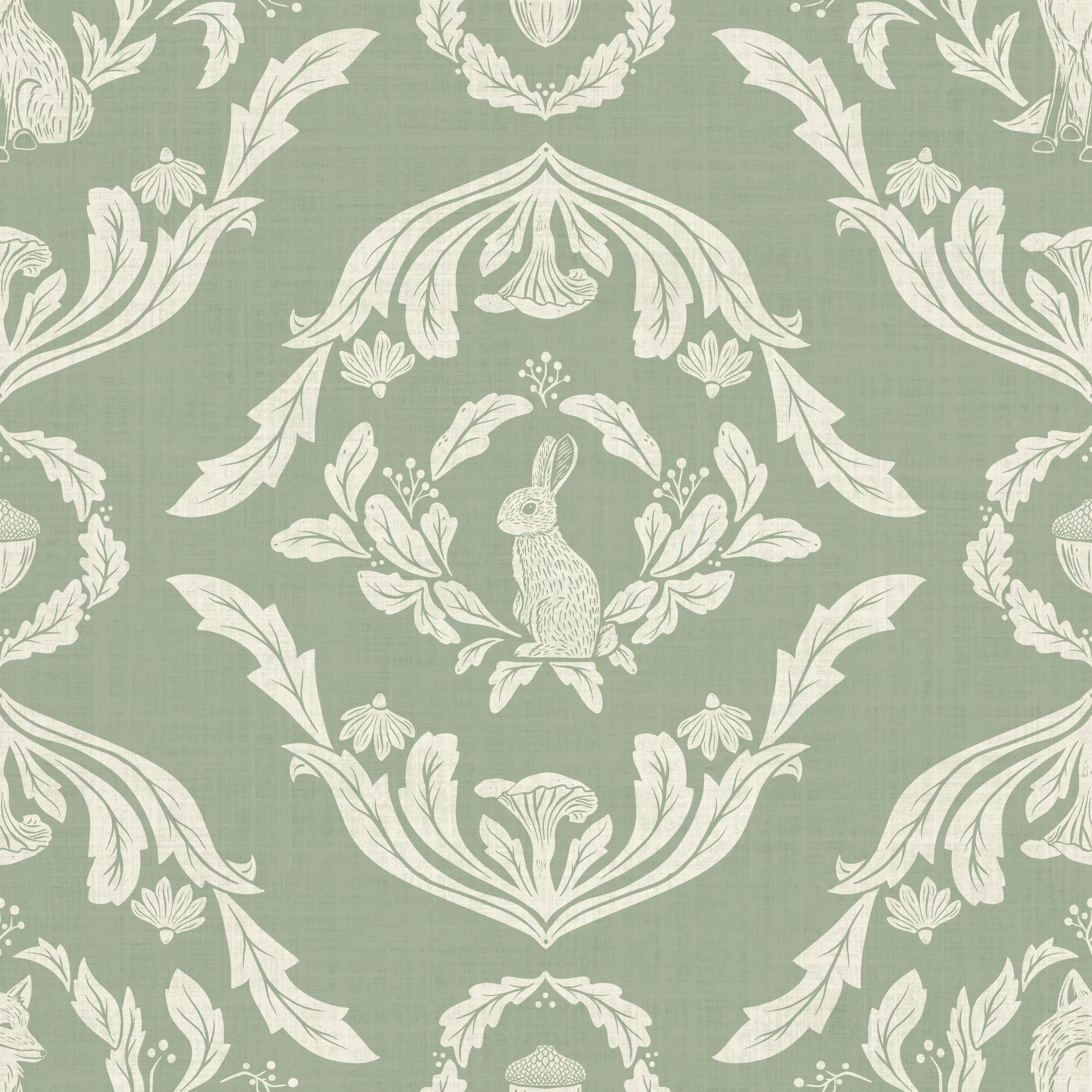 A large, intricate, monochrome pattern featuring rabbits, foxes, mushrooms, leaves, and floral elements on a muted green background.