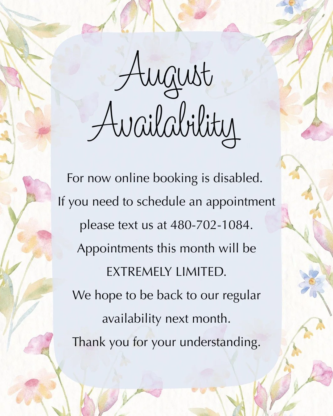 Online booking is currently paused, so please text 480 702 1084 to schedule.

Availability this month is extremely limited as we adjust our schedule, but we&rsquo;re doing our best to accommodate as many families as we can.

Thank you for your patien