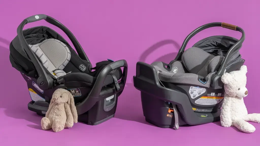 Two infant car seats with plush stuffed animals attached, one beige bunny and one white dog, placed on a purple background.