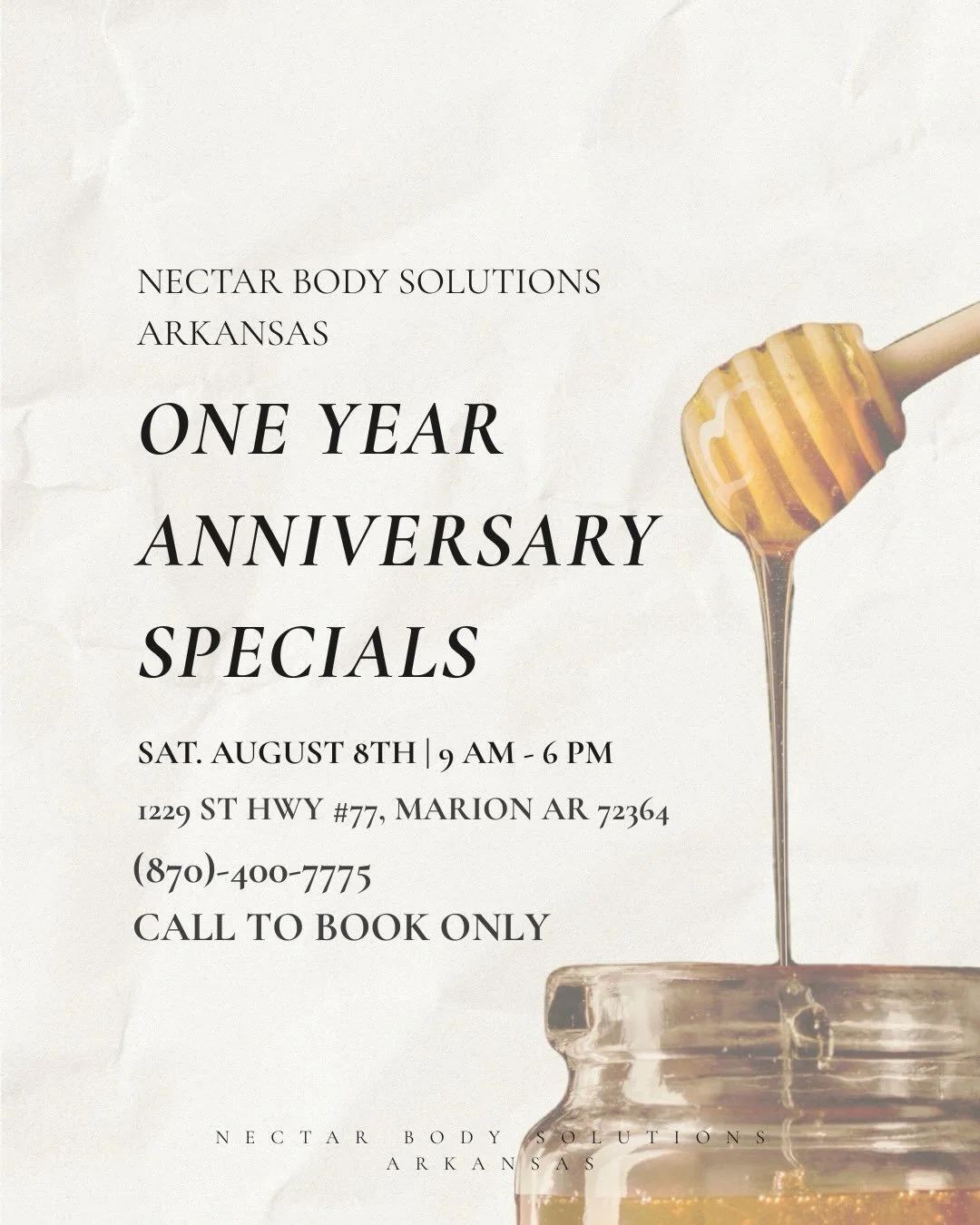 ✨ Nectar Body Solutions Arkansas is celebrating our ONE YEAR ANNIVERSARY! ✨

Come celebrate with us and explore our specials &mdash; from dermaplaning and ultrasonic skin scrubbing to IV therapy wellness boosters, Japanese head spas, and relaxing han