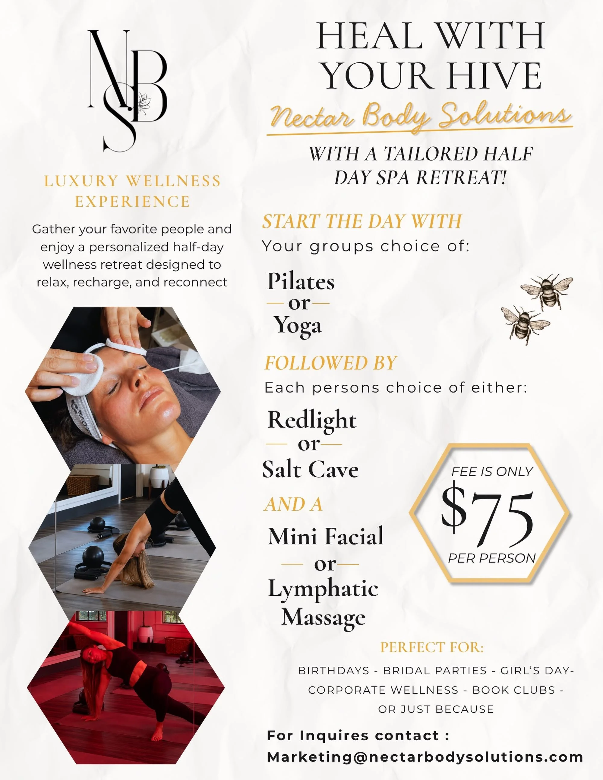 🐝INTRODUCING: Heal with your Hive 🐝

The wait is over &mdash; our private group wellness day is HERE.
Bring your Hive (up to 9 friends!) for a reset day, for any occasion. 
All for only $75.

This is the ultimate way to relax, reconnect, and heal &