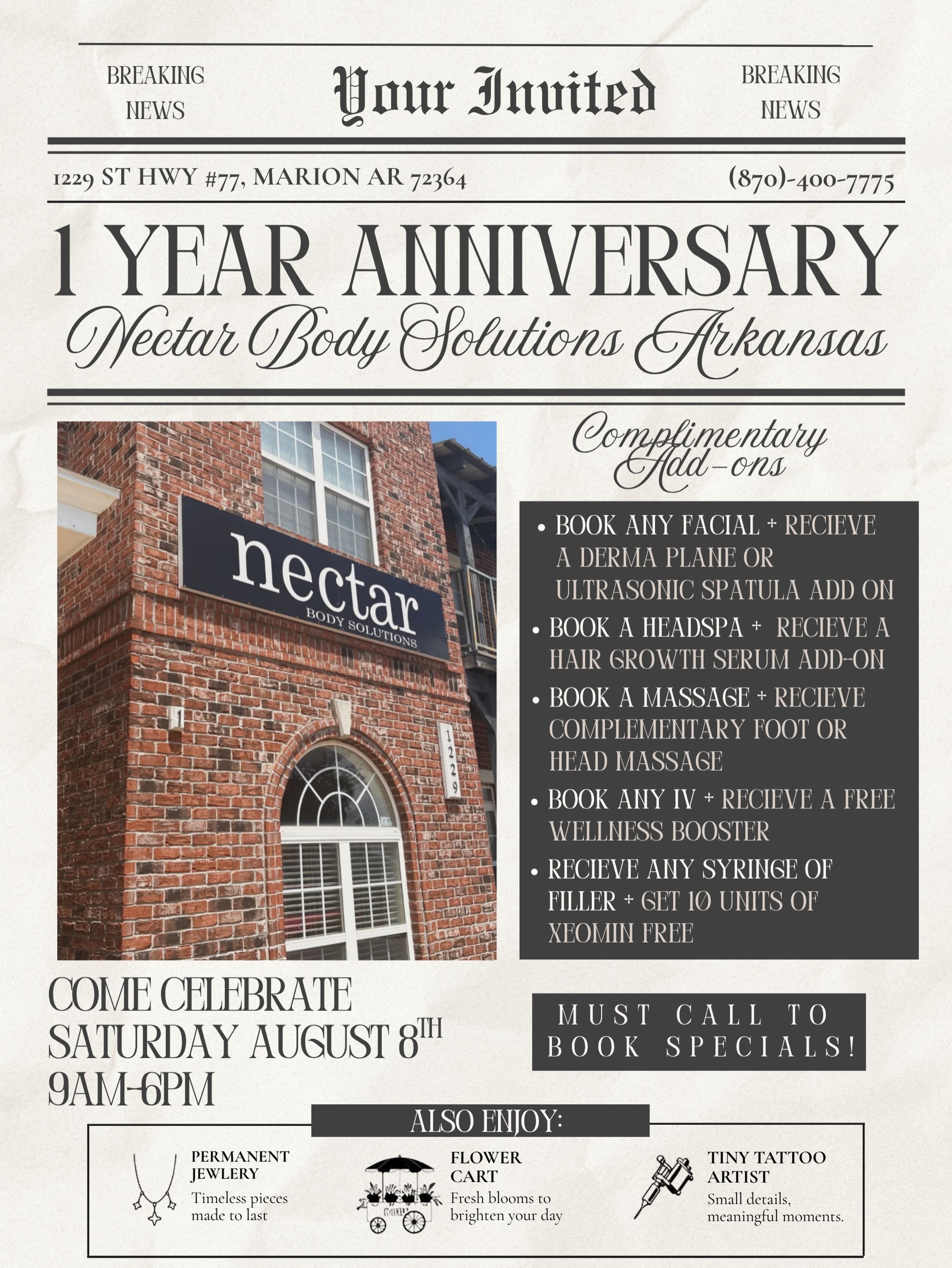 🎉 Our Arkansas location is turning ONE! 🎉

Join us Saturday, August 8th as we celebrate one amazing year in Marion!

✨ Anniversary specials
💉 Tiny tattoos
🌸 Flower cart
✨ Permanent jewelry
🎁 Free add-ons with booked services

Appointments are li