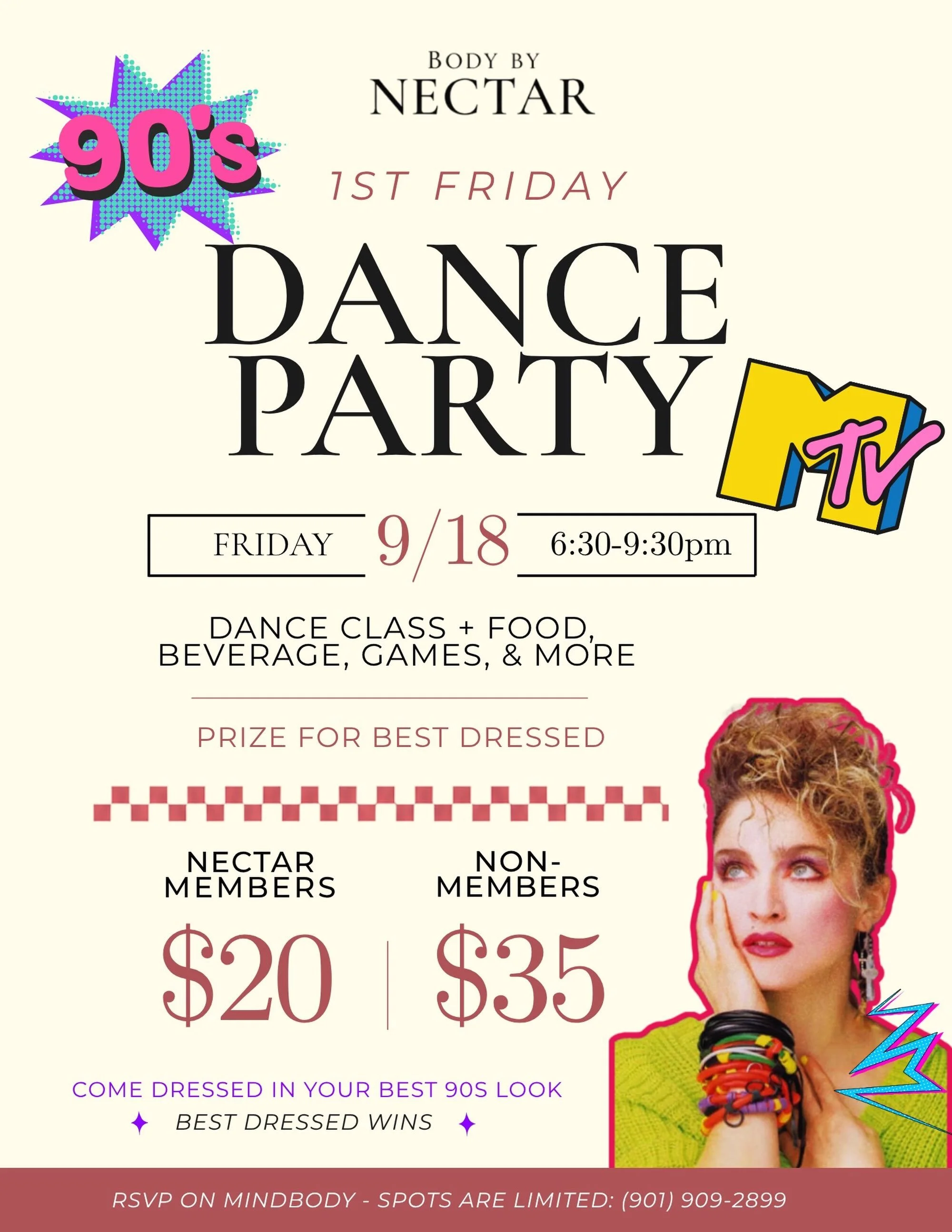 📼✨WHO&rsquo;S READY FOR A 90s DANCE PARTY?✨📼

Get ready to throw it back with us at Body by Nectar.

🎶 Dance class
🍕 Food + drinks
🎲 Games + more
👗 Best Dressed Contest &mdash; come in your BEST 90s look!

📅 Friday, September 18
⏰ 6:30&ndash;9