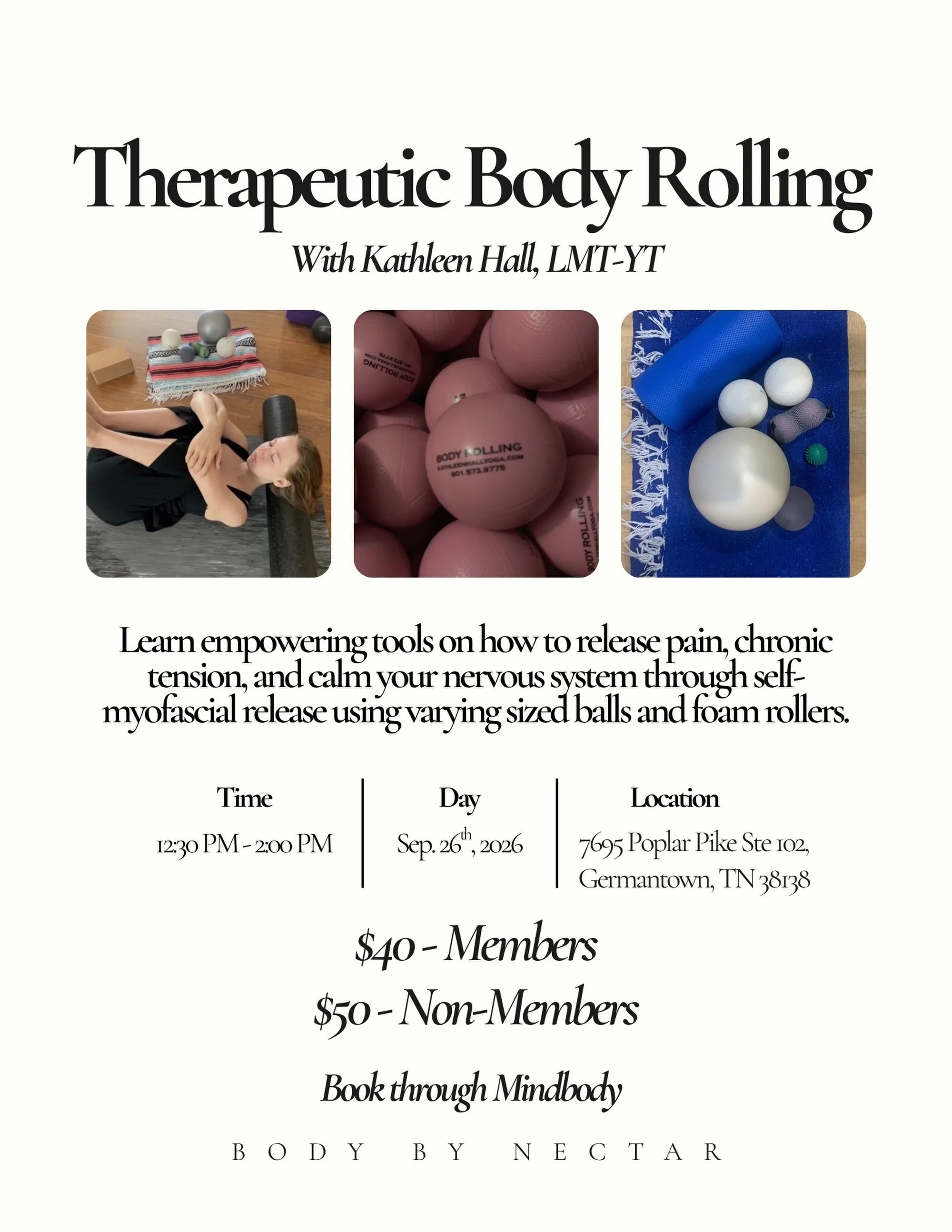 Join us for Therapeutic Body Rolling with Kathleen Hall, and learn empowering tools to help release pain and chronic tension while calming your nervous system through self-myofascial release.

✨ Learn how to use varying-sized balls &amp; foam rollers
