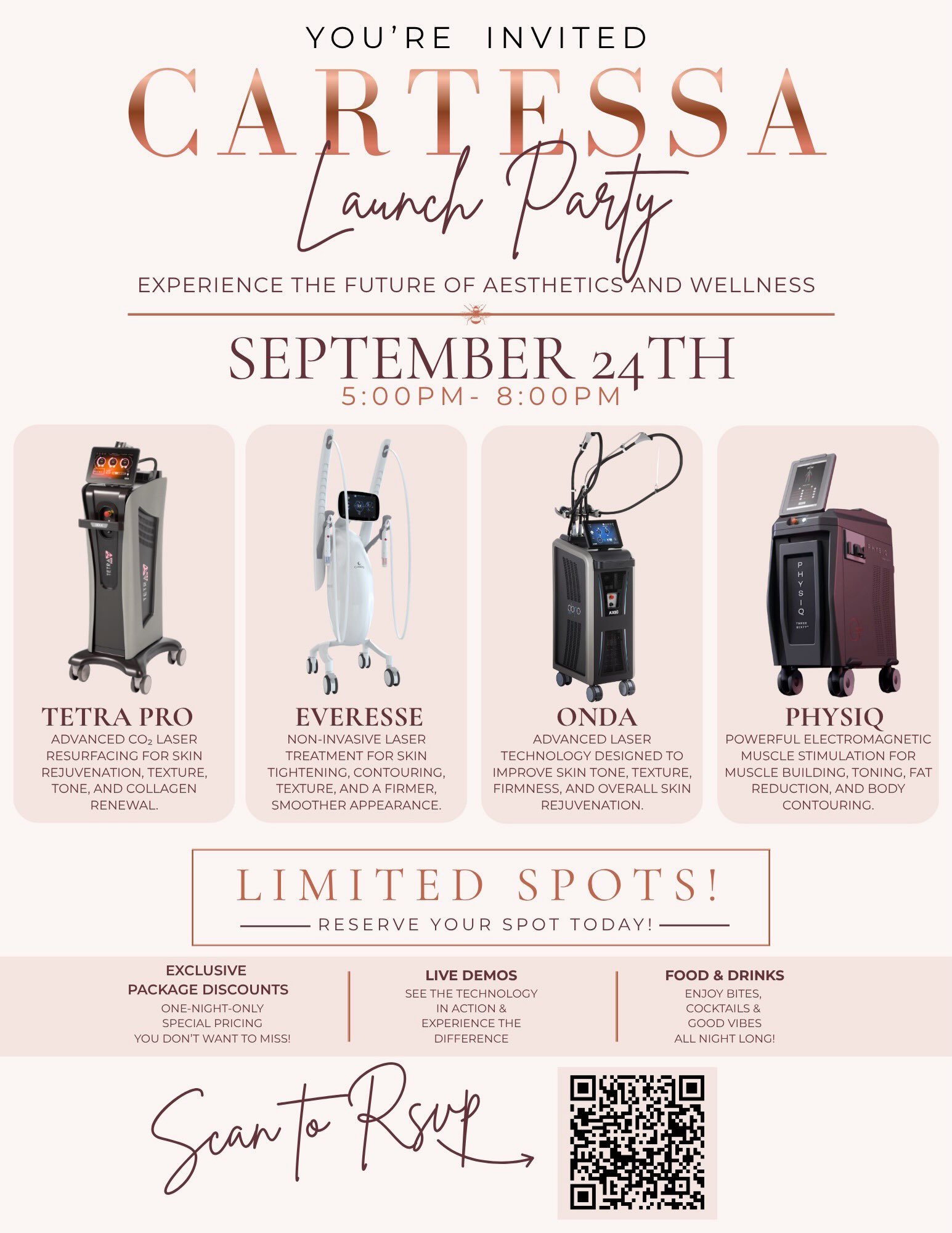✨ THE CARTESSA LAUNCH PARTY IS HERE ✨
Join us for a night at Nectar Body Solutions of aesthetics and wellness as we celebrate the launch of Cartessa and showcase some of the most innovative body + skin technologies available. 🐝✨
Featuring: ✨ Everess