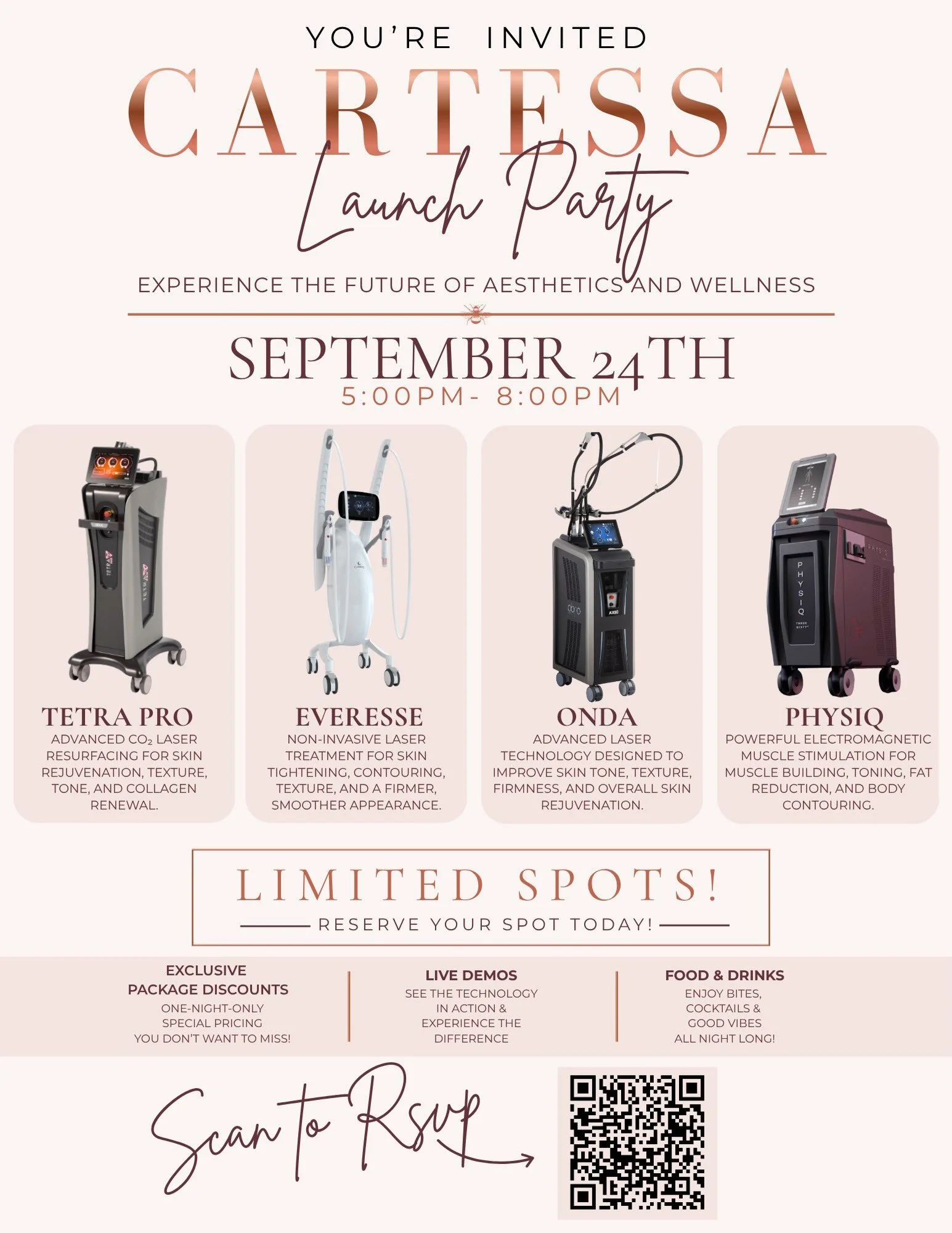 ✨ THE CARTESSA LAUNCH PARTY IS HERE ✨
Join us for a night at Nectar Body Solutions of aesthetics and wellness as we celebrate the launch of Cartessa and showcase some of the most innovative body + skin technologies available. 🐝✨
Featuring: ✨ Everess