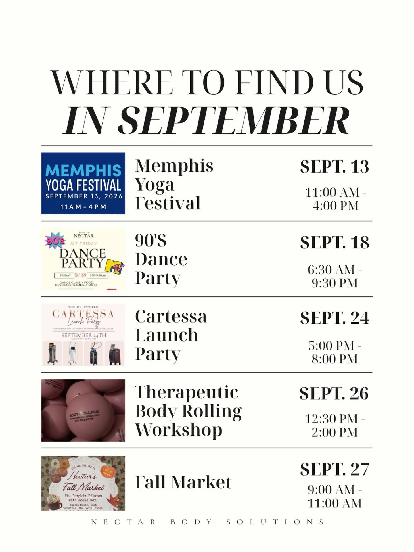 ✨ SEPTEMBER AT NECTAR ✨
We&rsquo;ve got a full month of movement, wellness, community and fun.

There&rsquo;s something for everyone this month &mdash; which one are you coming to? 👀

You can sign up for our events using the link in our bio! 💛 Save