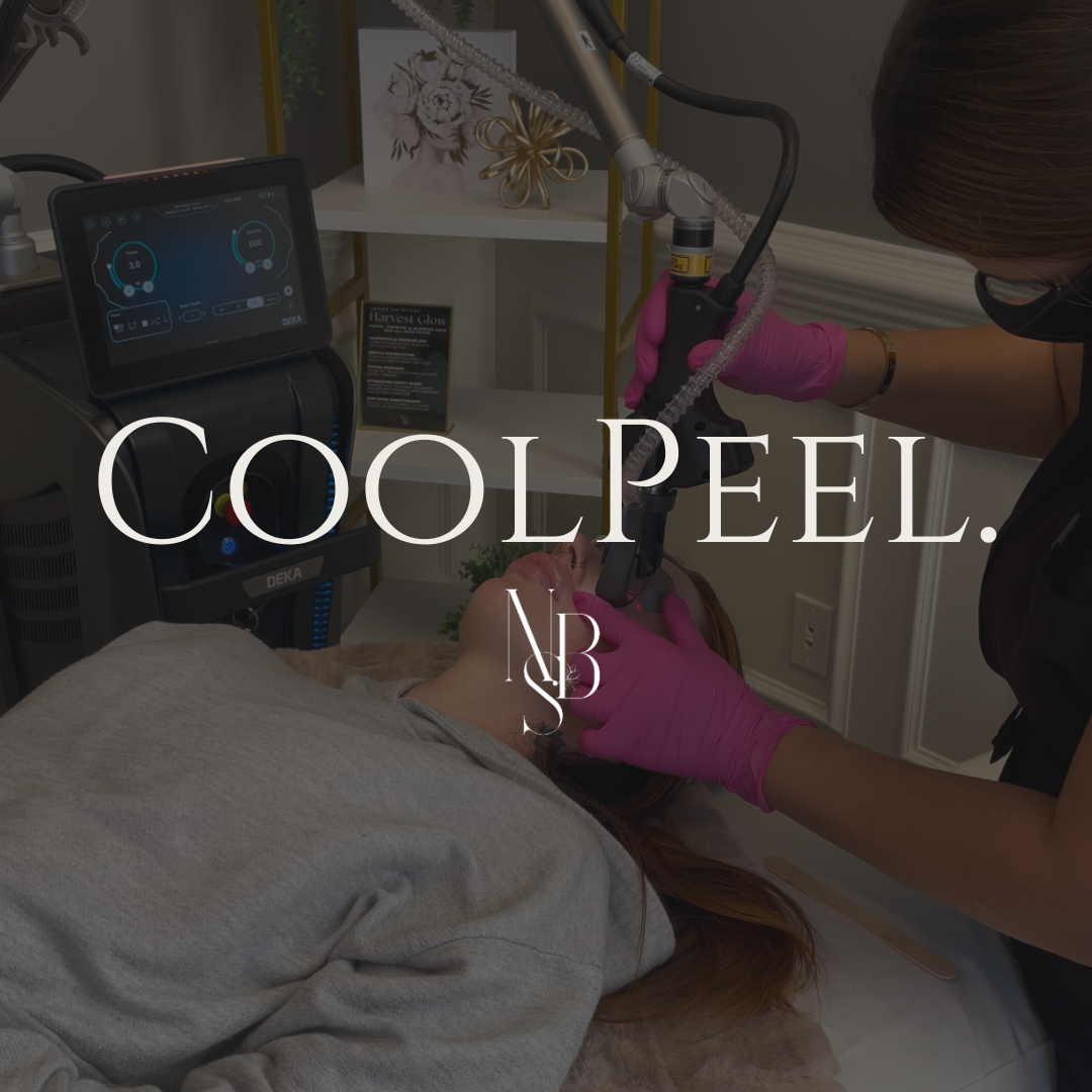 A person receiving a CoolPeel laser treatment on their face in a medical spa setting.