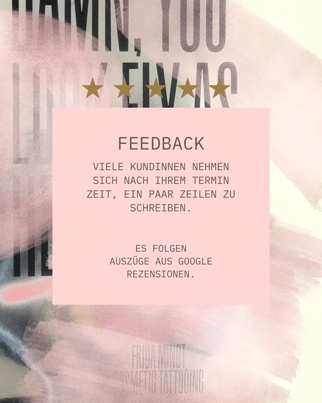 Kosmetische T&auml;towierungen sind Vertrauenssache.
Viele meiner Kundinnen nehmen sich nach dem Termin die Zeit, eine Rezension zu schreiben &ndash; daf&uuml;r bin ich wirklich dankbar.
Diese R&uuml;ckmeldungen zeigen, wie unterschiedlich die Bewegg