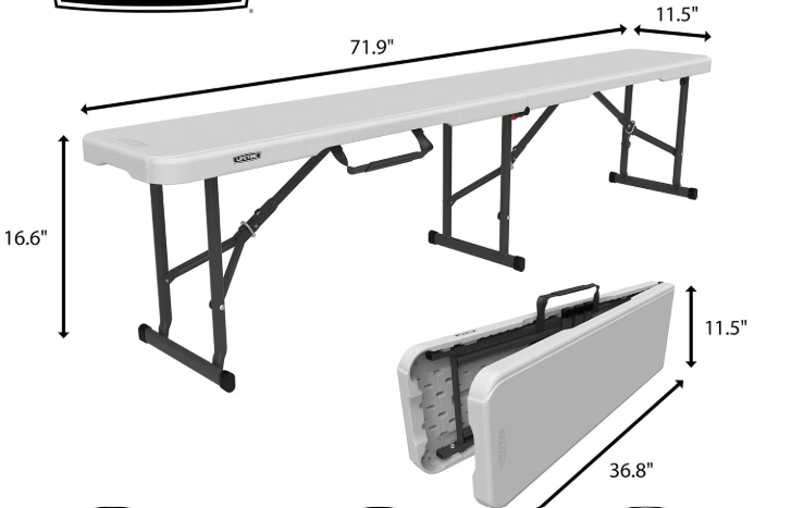 stock photo of folding plastic bench with dimensions displayed